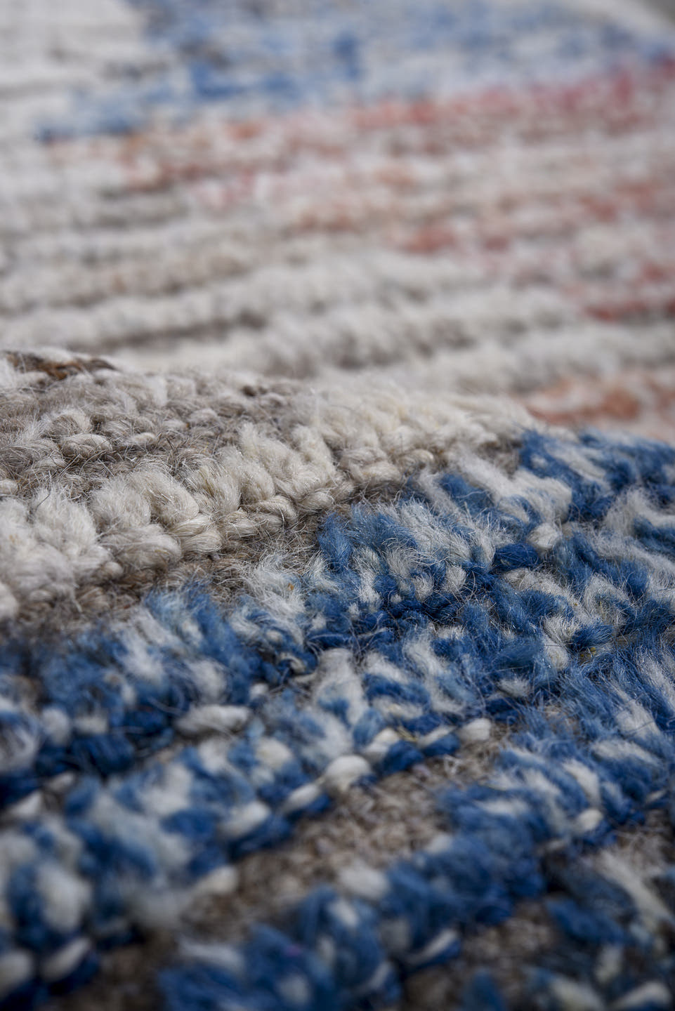 9' x 12' one-of-a-kind handmade vintage Tulu large size rug. Color palette: ivory, blue, charcoal, slate, rust, taupe