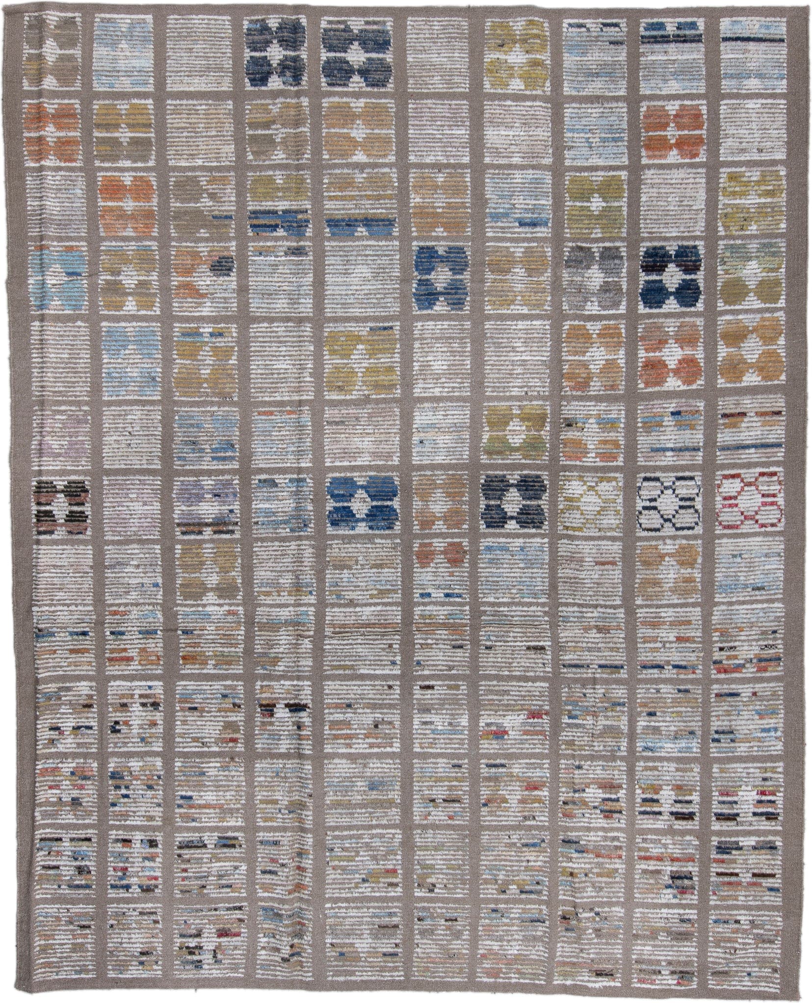 8' x 10' one-of-a-kind handmade vintage Tulu large size rug. Color palette: taupe, ivory, beige, blue, ochre, rust, charcoal