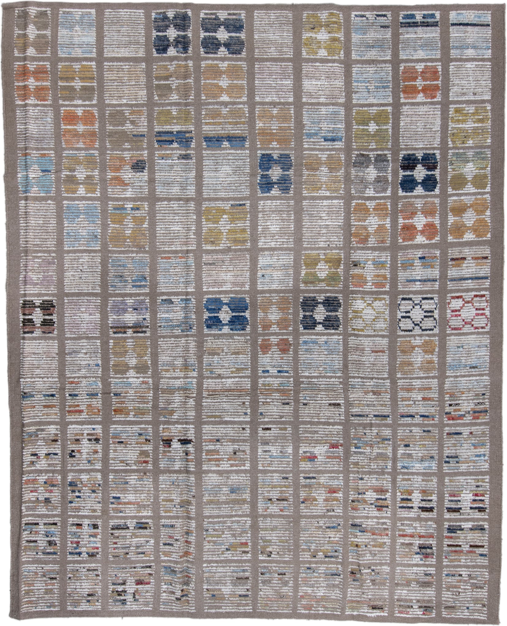 8' x 10' one-of-a-kind handmade vintage Tulu large size rug. Color palette: taupe, ivory, beige, blue, ochre, rust, charcoal