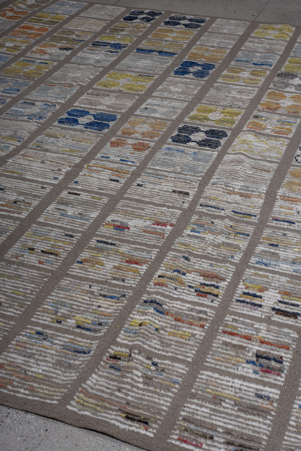 8' x 10' one-of-a-kind handmade vintage Tulu large size rug. Color palette: taupe, ivory, beige, blue, ochre, rust, charcoal