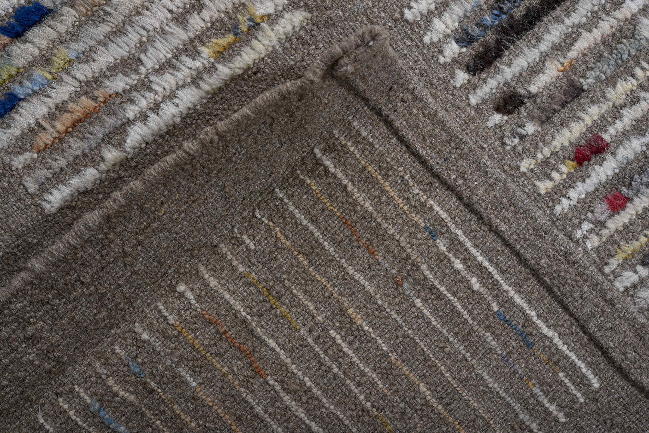 8' x 10' one-of-a-kind handmade vintage Tulu large size rug. Color palette: taupe, ivory, beige, blue, ochre, rust, charcoal