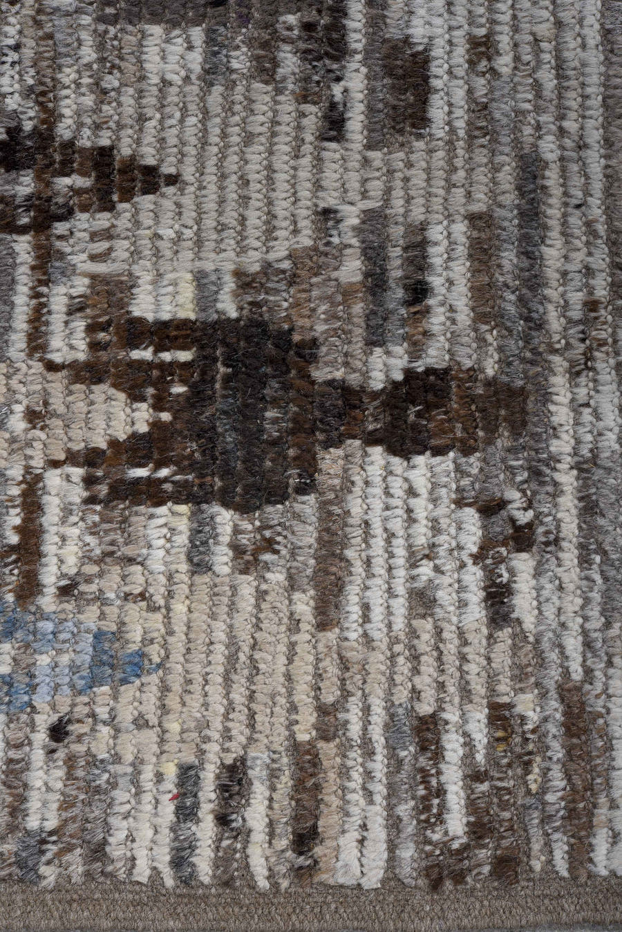 4' x 15' one-of-a-kind handmade vintage Tulu runner rug. Color palette: ivory, taupe, charcoal, sky blue, slate, cream