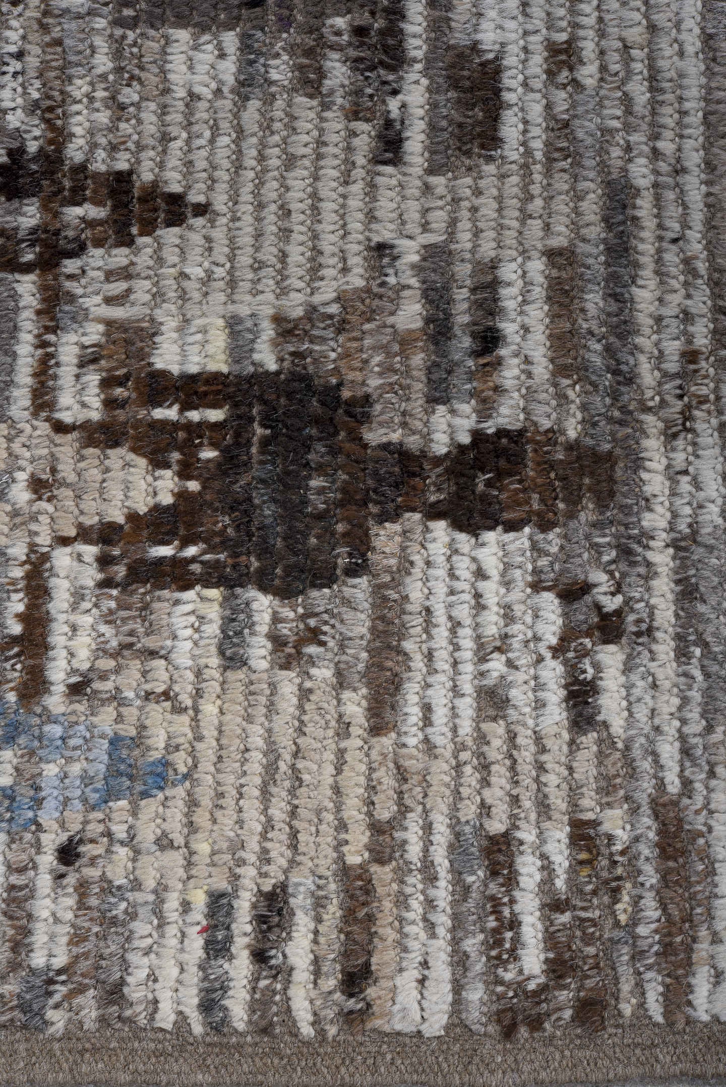 4' x 15' one-of-a-kind handmade vintage Tulu runner rug. Color palette: ivory, taupe, charcoal, sky blue, slate, cream