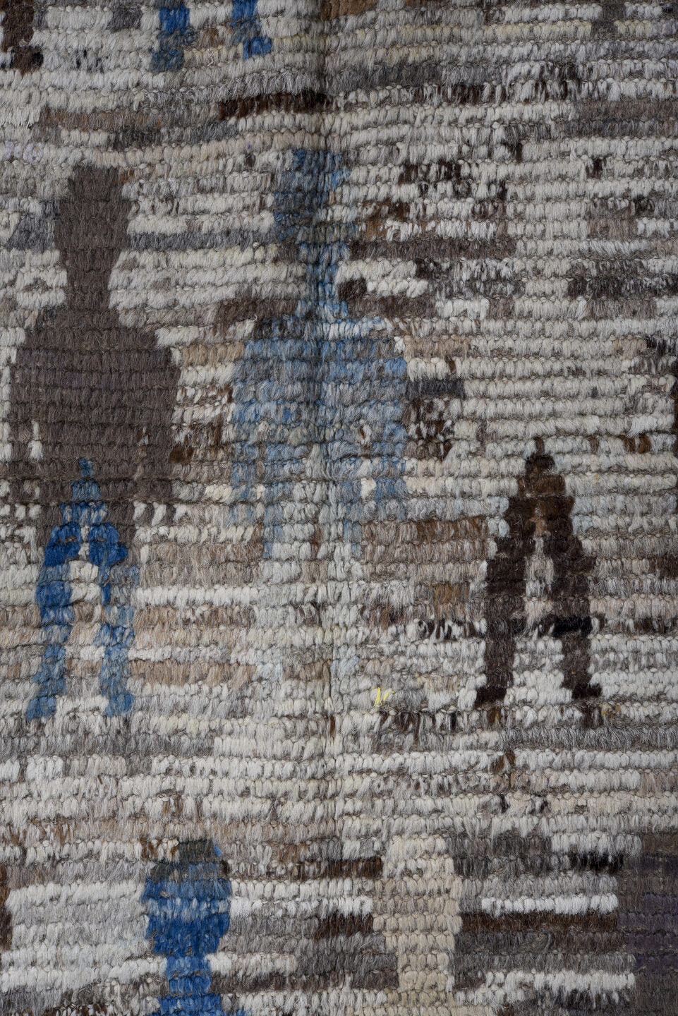 4' x 15' one-of-a-kind handmade vintage Tulu runner rug. Color palette: ivory, taupe, charcoal, sky blue, slate, cream