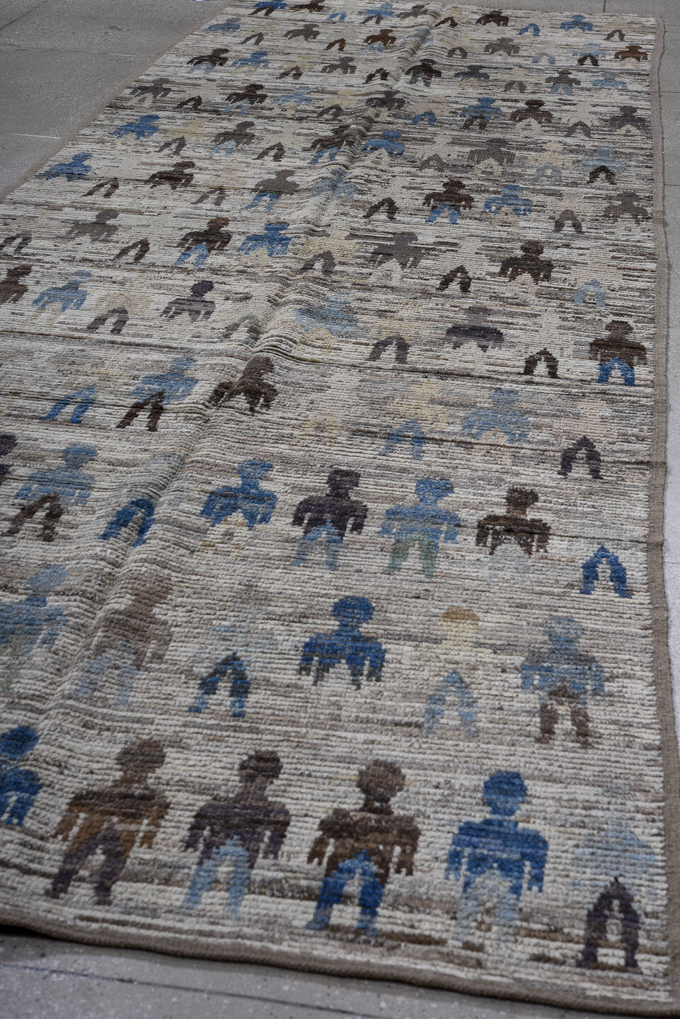 4' x 15' one-of-a-kind handmade vintage Tulu runner rug. Color palette: ivory, taupe, charcoal, sky blue, slate, cream