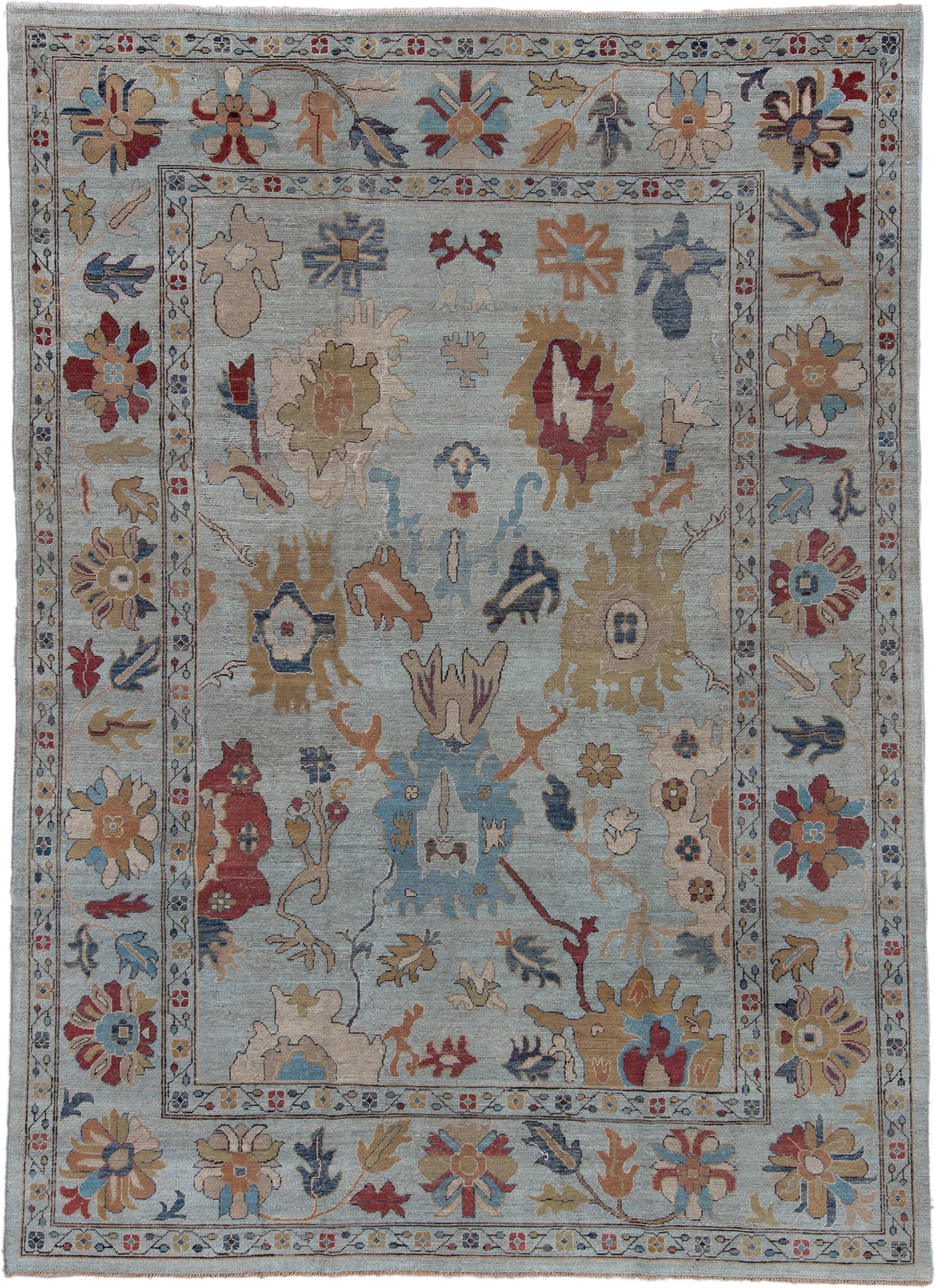 8' x 11' one-of-a-kind handmade vintage Oushak large size rug. Color palette: pale blue, ivory, gold, rust, navy, taupe