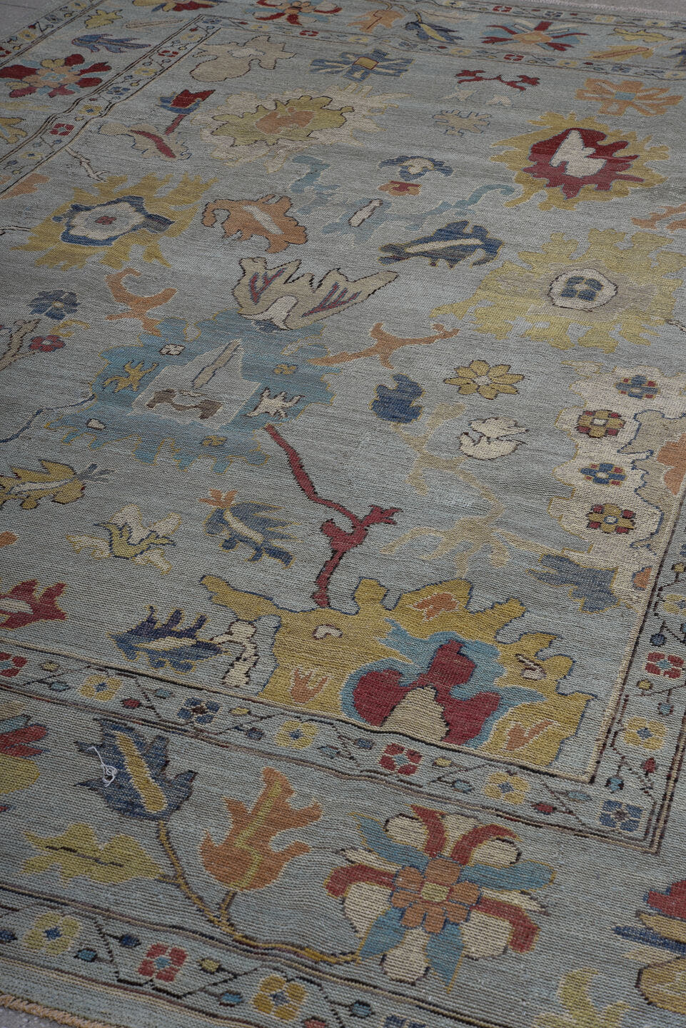 8' x 11' one-of-a-kind handmade vintage Oushak large size rug. Color palette: pale blue, ivory, gold, rust, navy, taupe