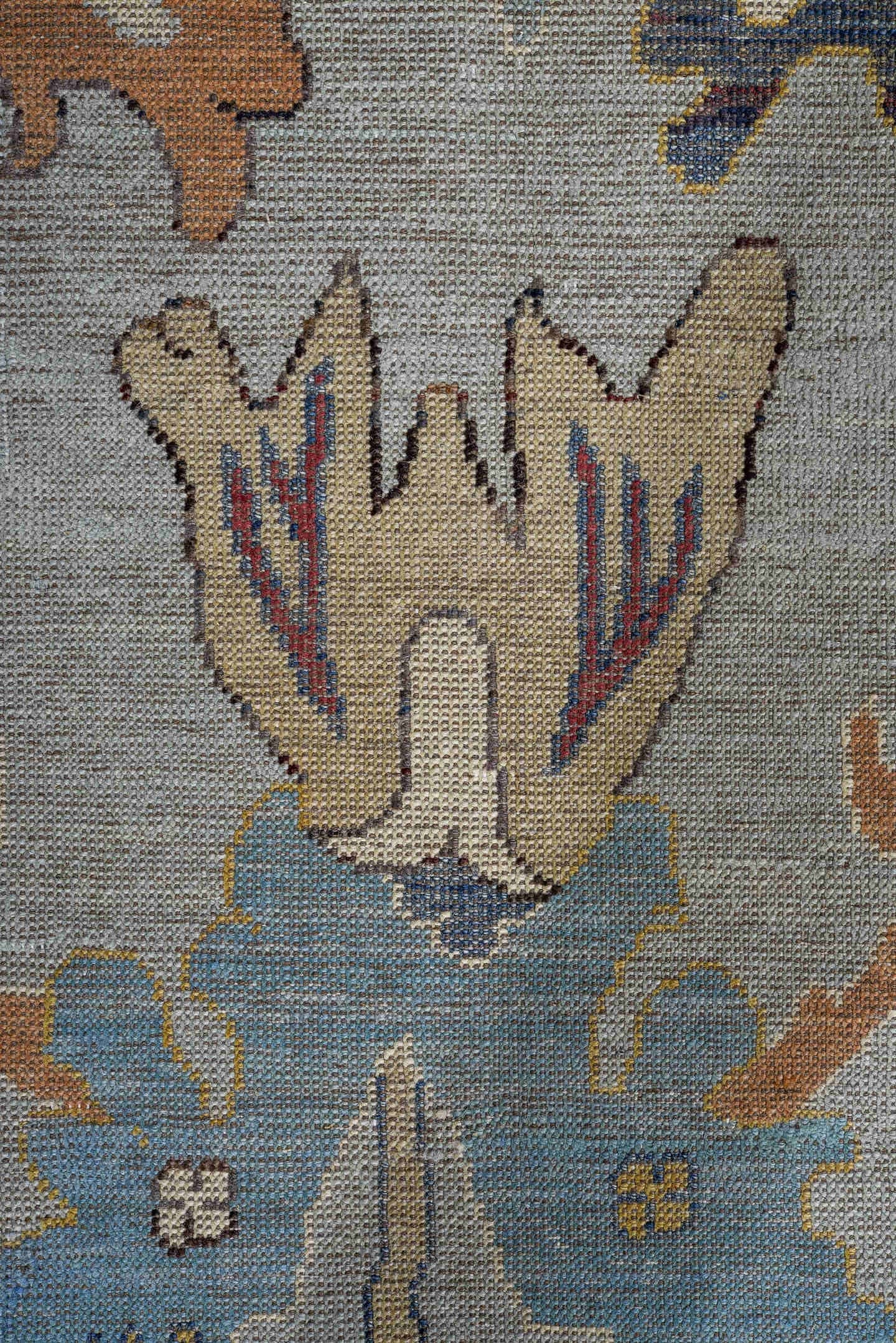 8' x 11' one-of-a-kind handmade vintage Oushak large size rug. Color palette: pale blue, ivory, gold, rust, navy, taupe