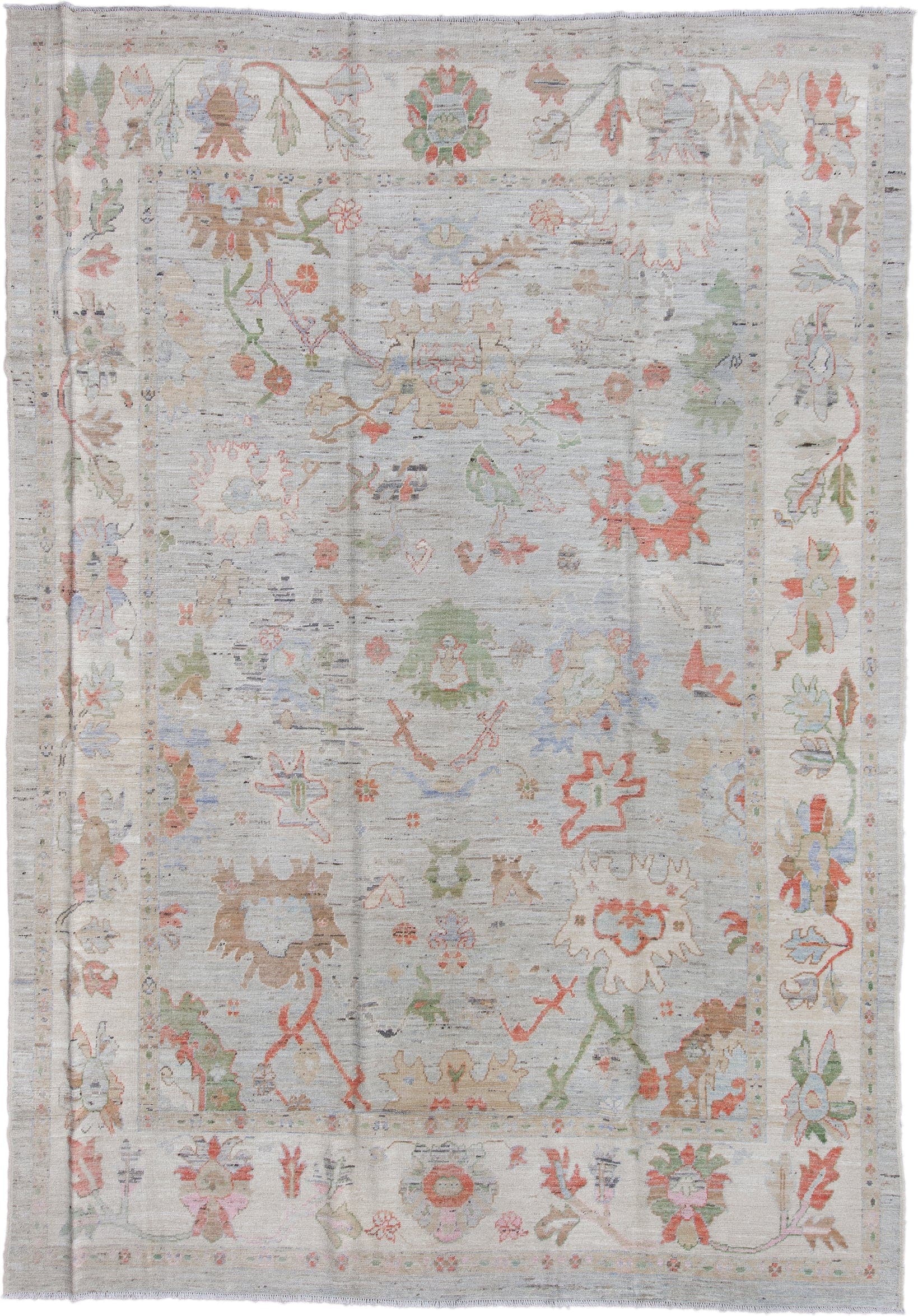 9' x 13' one-of-a-kind handmade vintage Oushak large size rug. Color palette: ivory, sage, coral, taupe, muted blue, beige