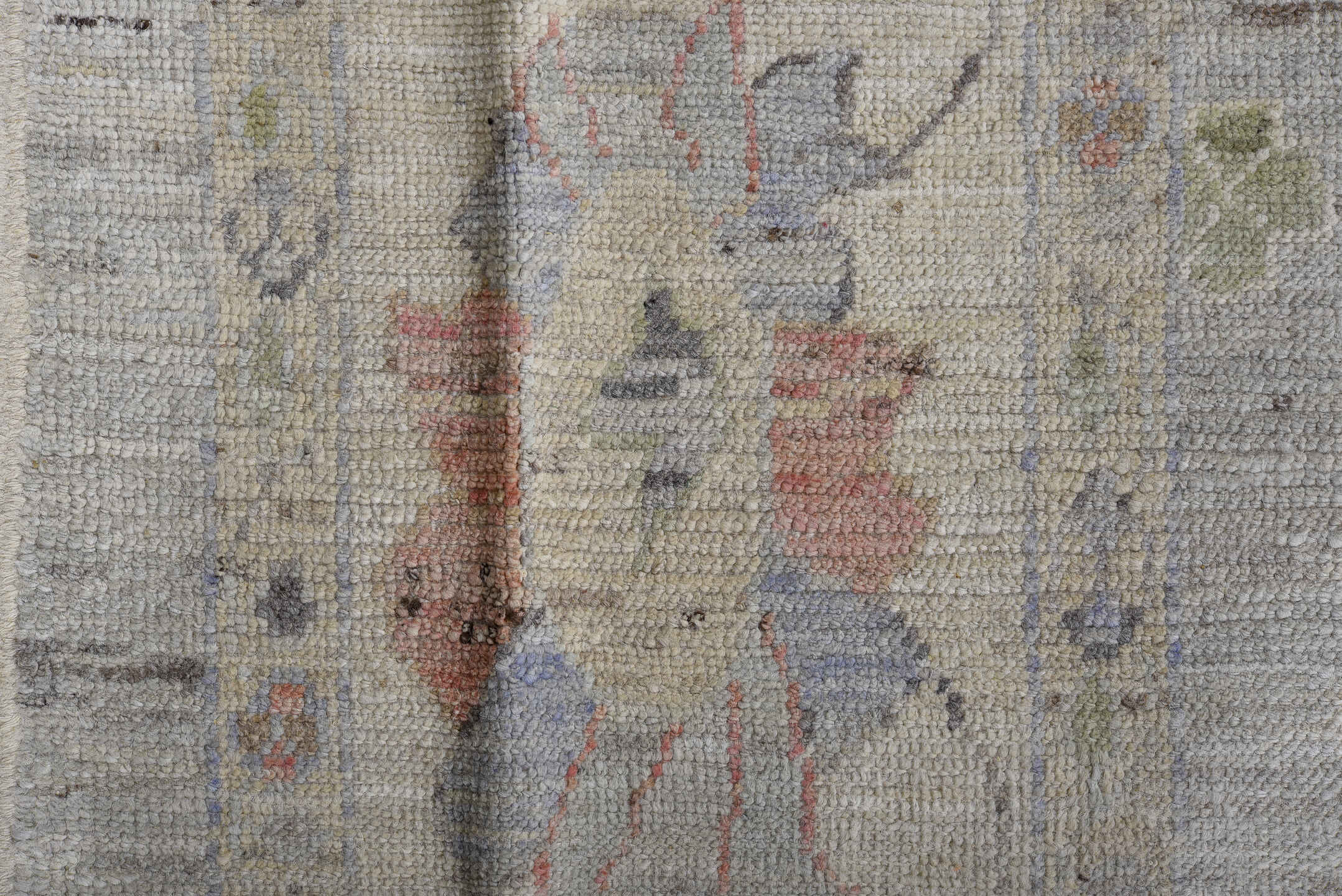 9' x 13' one-of-a-kind handmade vintage Oushak large size rug. Color palette: ivory, sage, coral, taupe, muted blue, beige