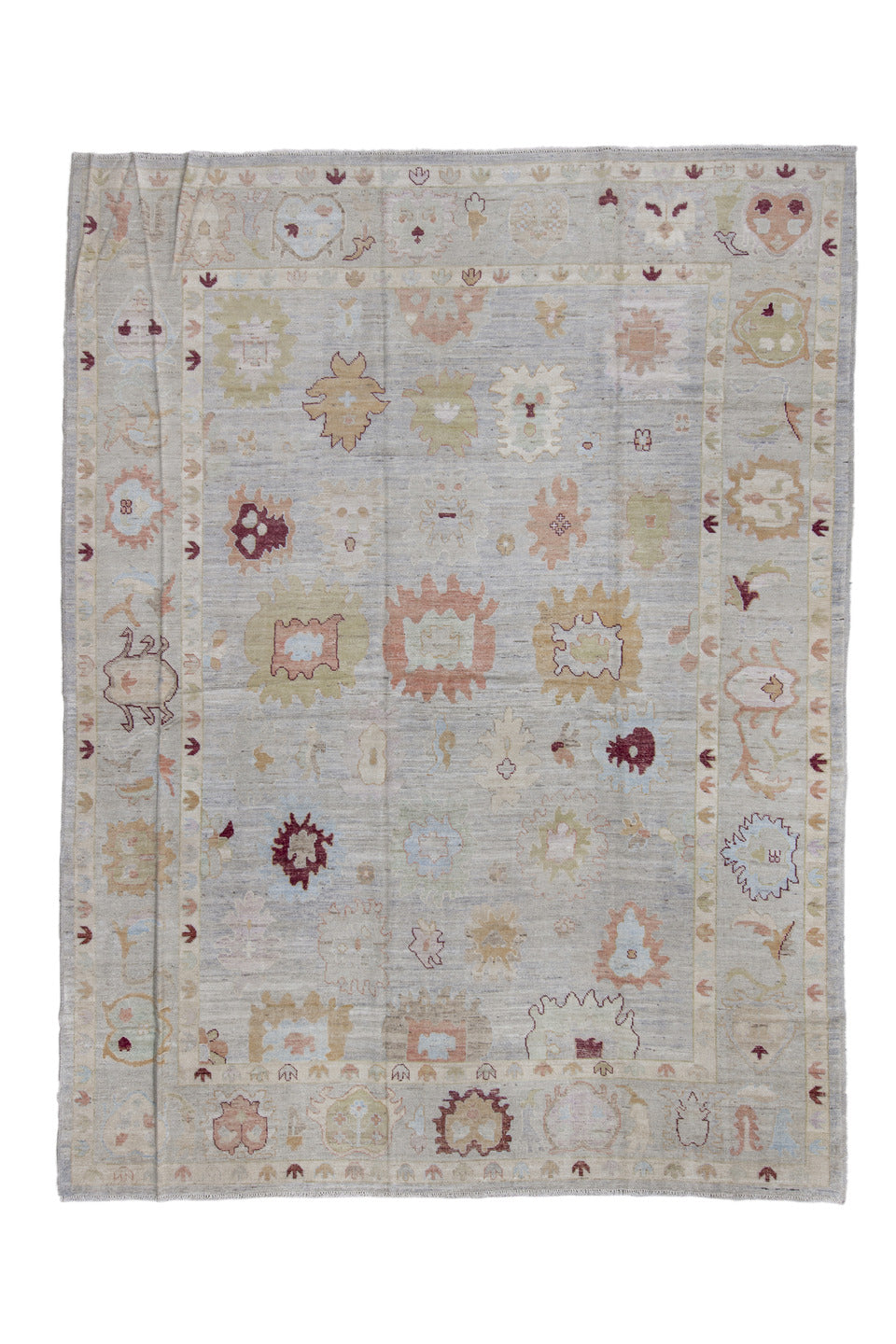 10' x 13' one-of-a-kind handmade vintage Oushak large size rug. Color palette: brown, gray, pink, redwood