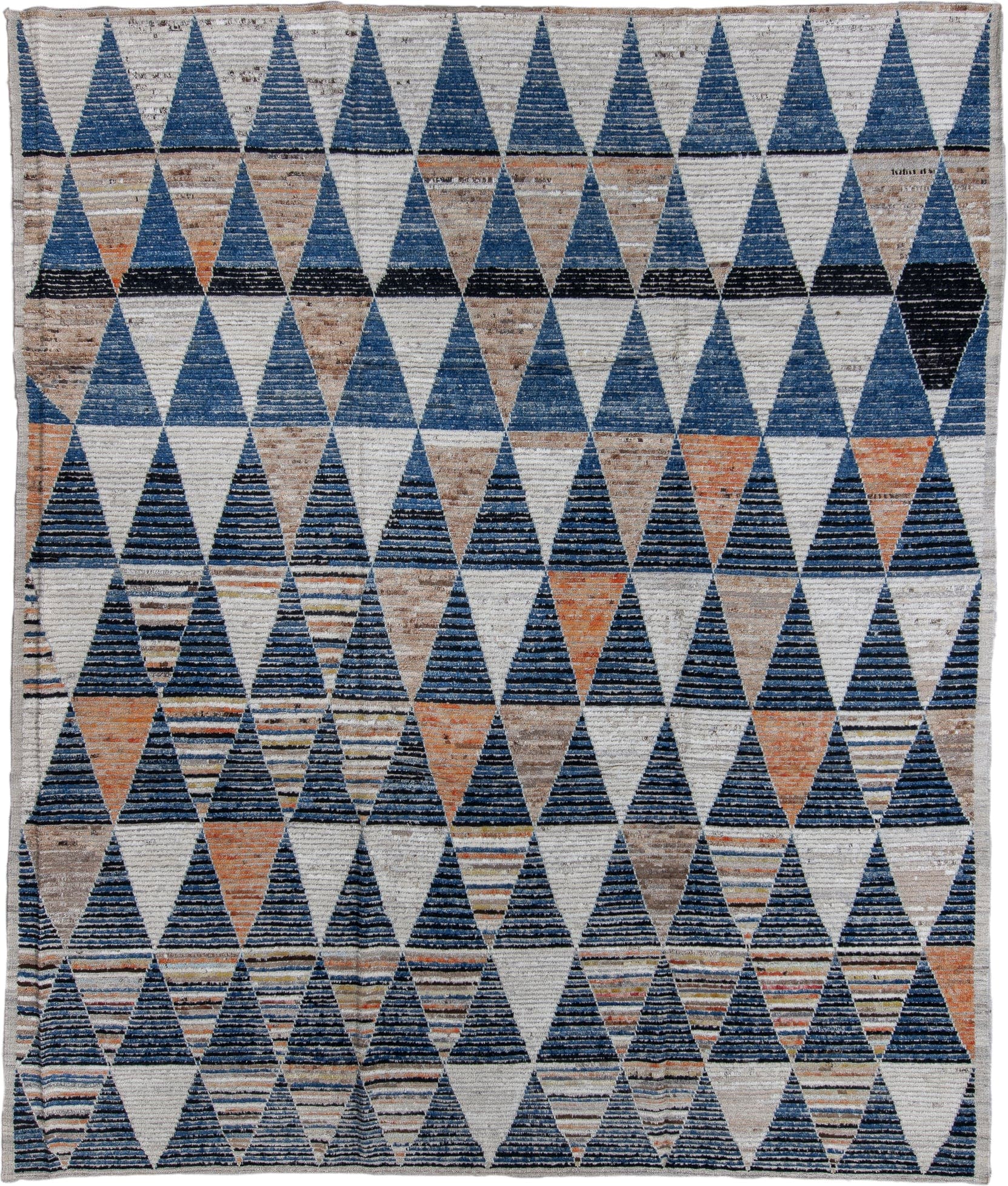 9' x 11' one-of-a-kind handmade vintage Tulu large size rug. Color palette: ivory, indigo, taupe, terra cotta, charcoal
