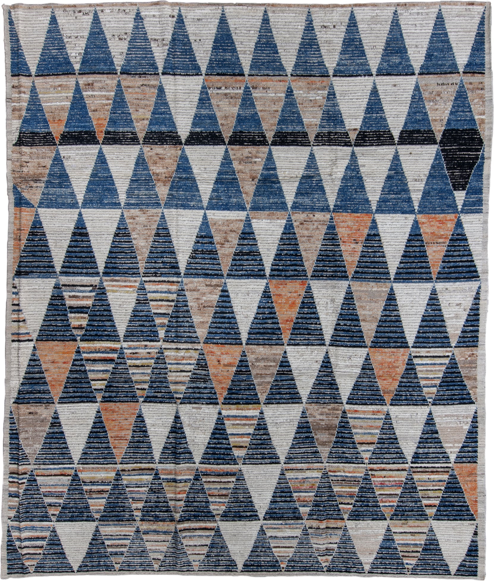 9' x 11' one-of-a-kind handmade vintage Tulu large size rug. Color palette: ivory, indigo, taupe, terra cotta, charcoal