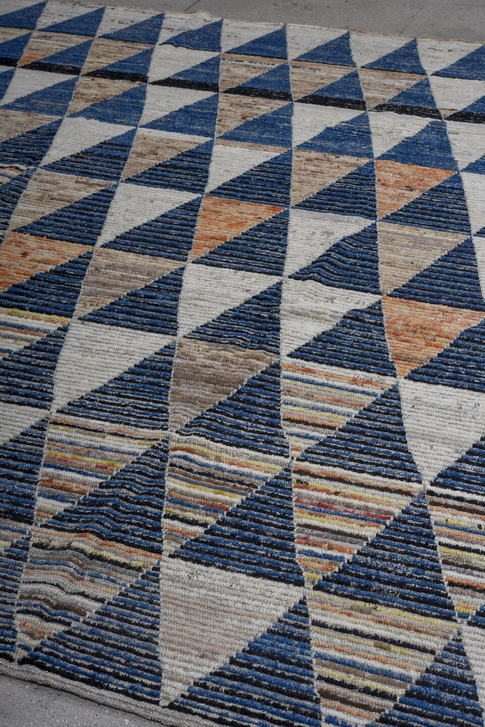 9' x 11' one-of-a-kind handmade vintage Tulu large size rug. Color palette: ivory, indigo, taupe, terra cotta, charcoal