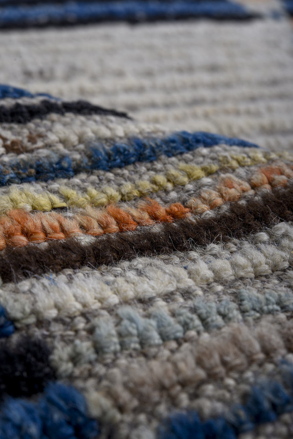 9' x 11' one-of-a-kind handmade vintage Tulu large size rug. Color palette: ivory, indigo, taupe, terra cotta, charcoal