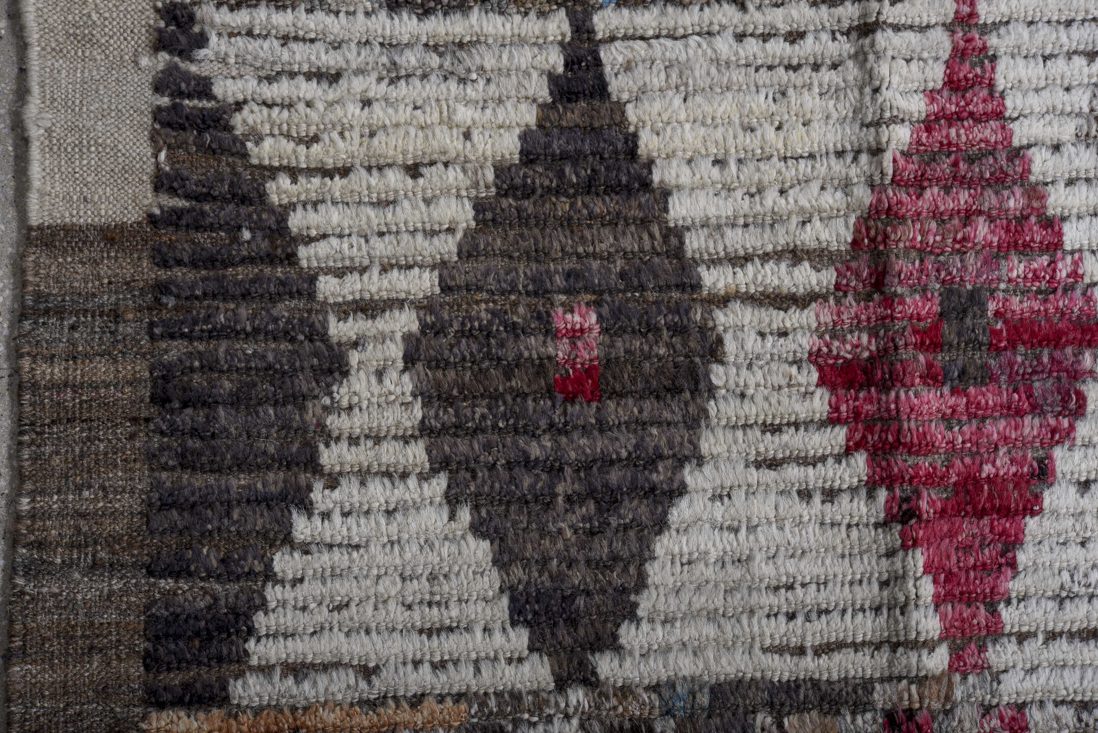11' x 13' one-of-a-kind handmade vintage Tulu oversize rug. Color palette: brown, ivory, charcoal, sky blue, crimson, gray