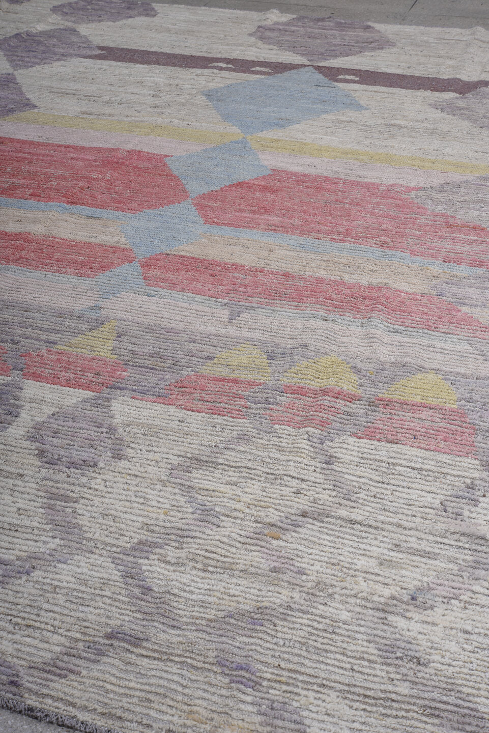 10' x 13' one-of-a-kind handmade vintage Tulu large size rug. Color palette: ivory, lavender, rose, sky_blue, taupe, sage