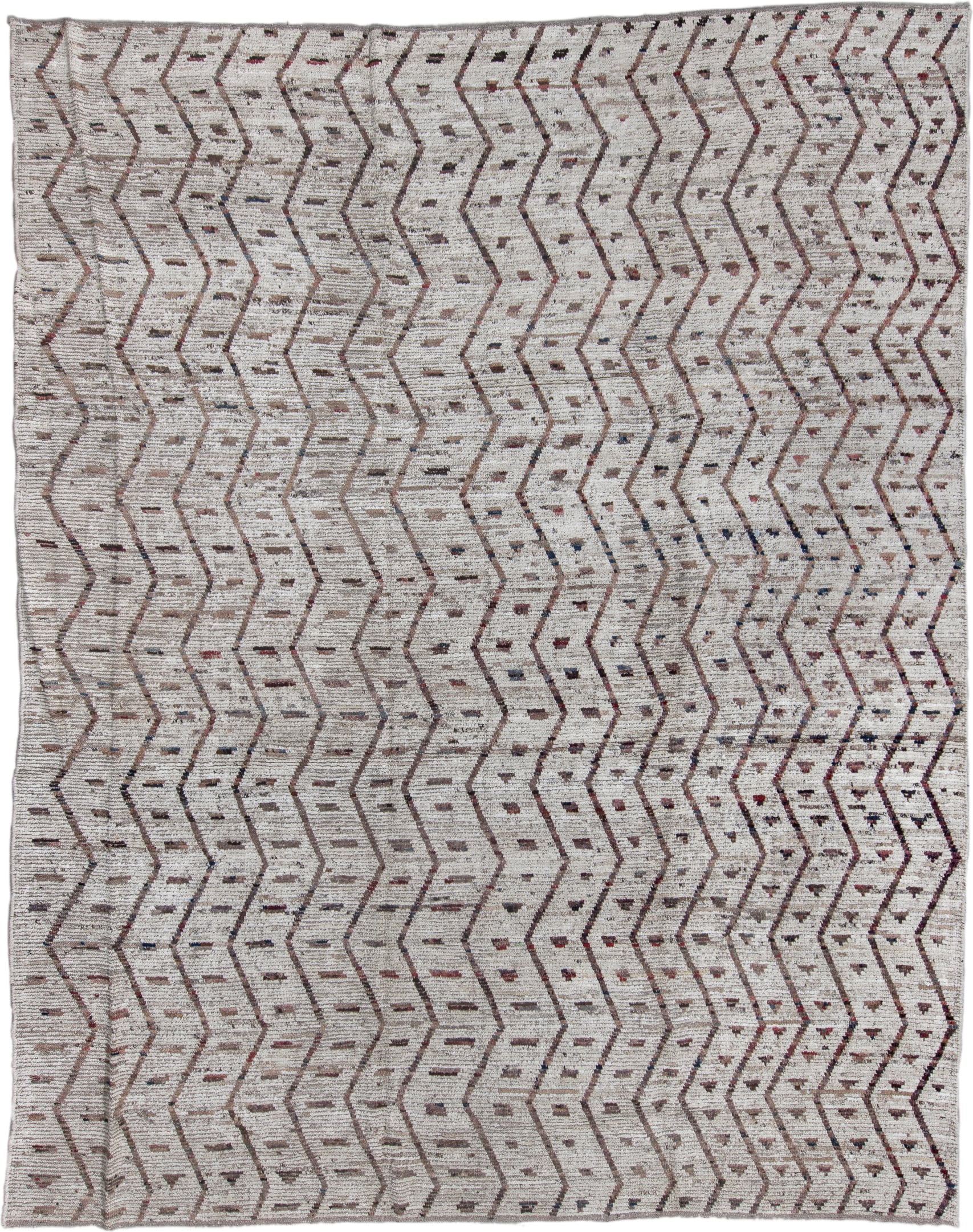 10' x 13' one-of-a-kind handmade vintage Tulu oversize rug. Color palette: ivory, taupe, brown, charcoal, rose, slate, beige