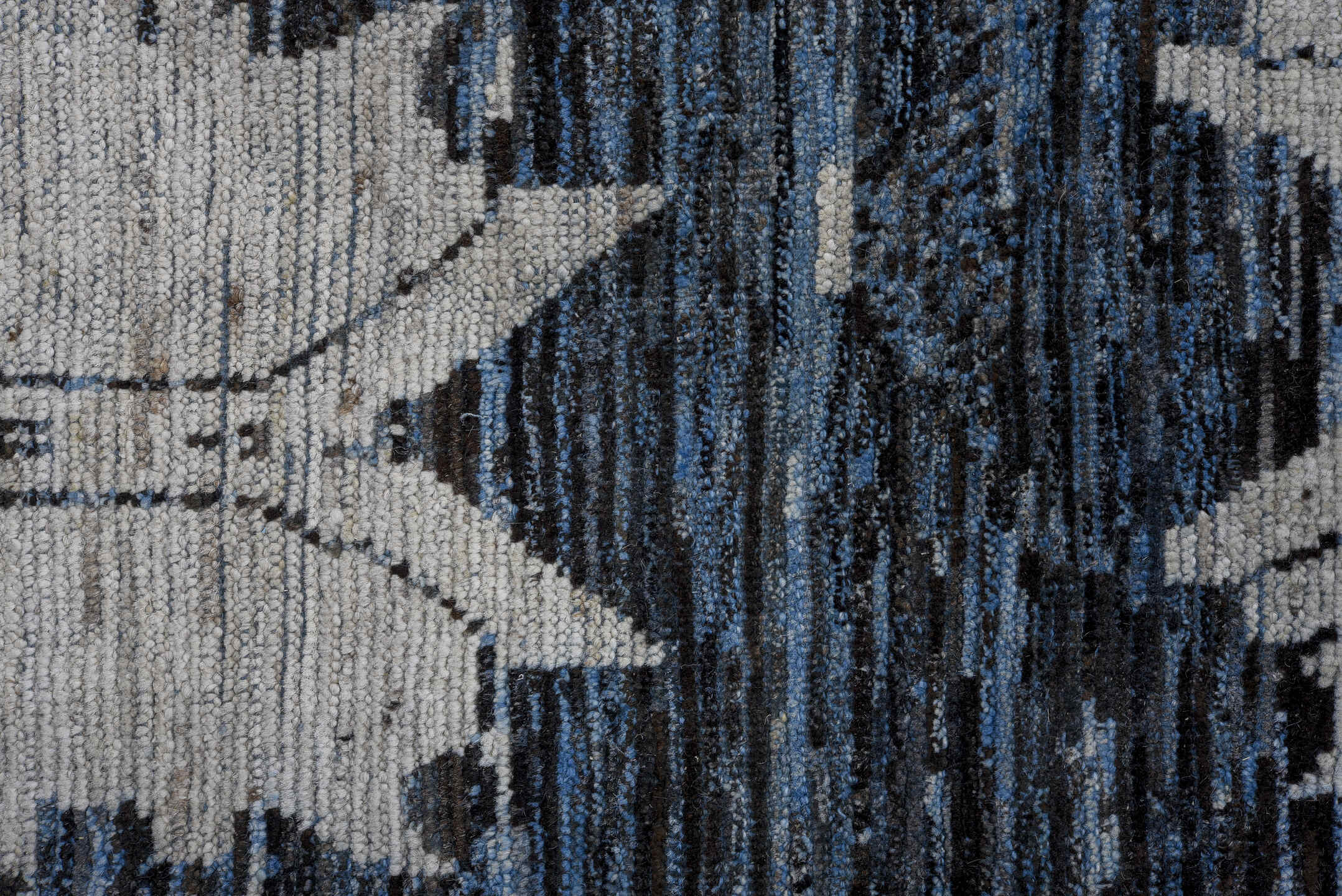 13' x 16' one-of-a-kind handmade vintage Tulu oversize rug. Color palette: black, blue, brown, charcoal, dim gray, gray