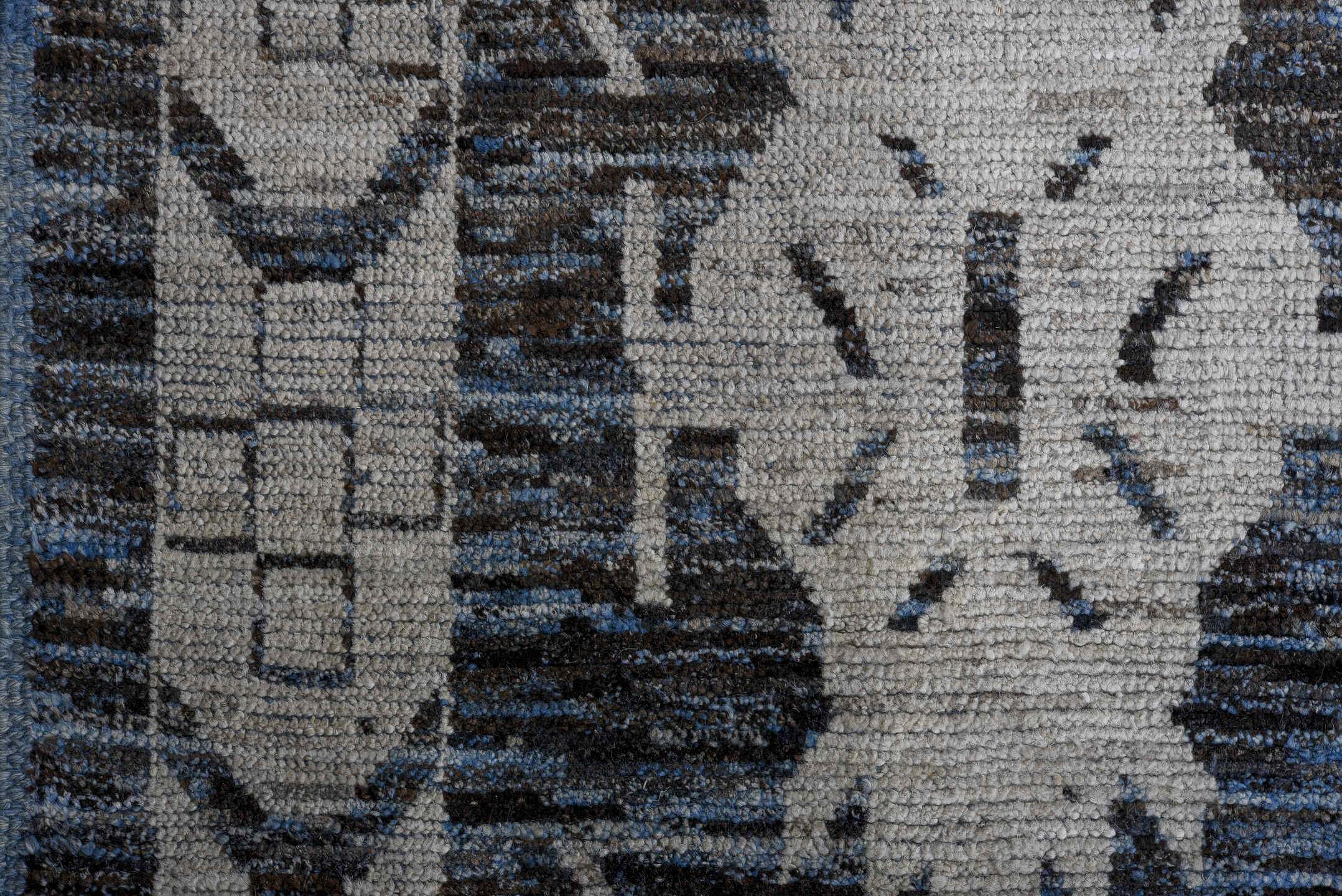 13' x 16' one-of-a-kind handmade vintage Tulu oversize rug. Color palette: black, blue, brown, charcoal, dim gray, gray