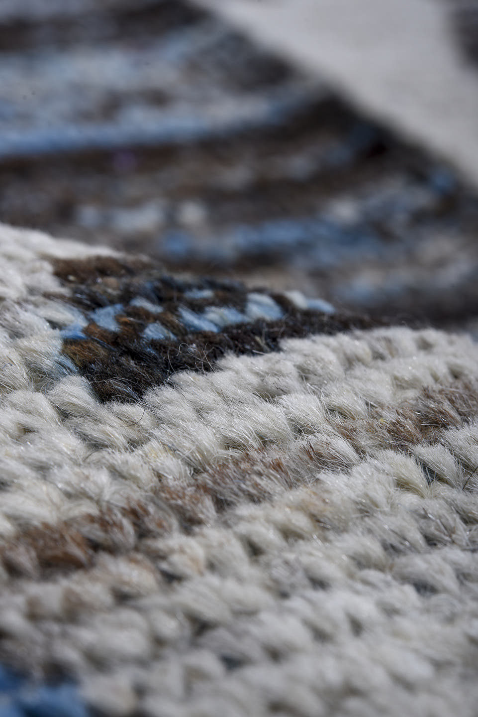 13' x 16' one-of-a-kind handmade vintage Tulu oversize rug. Color palette: charcoal, ivory, slate, steel blue, gray, black