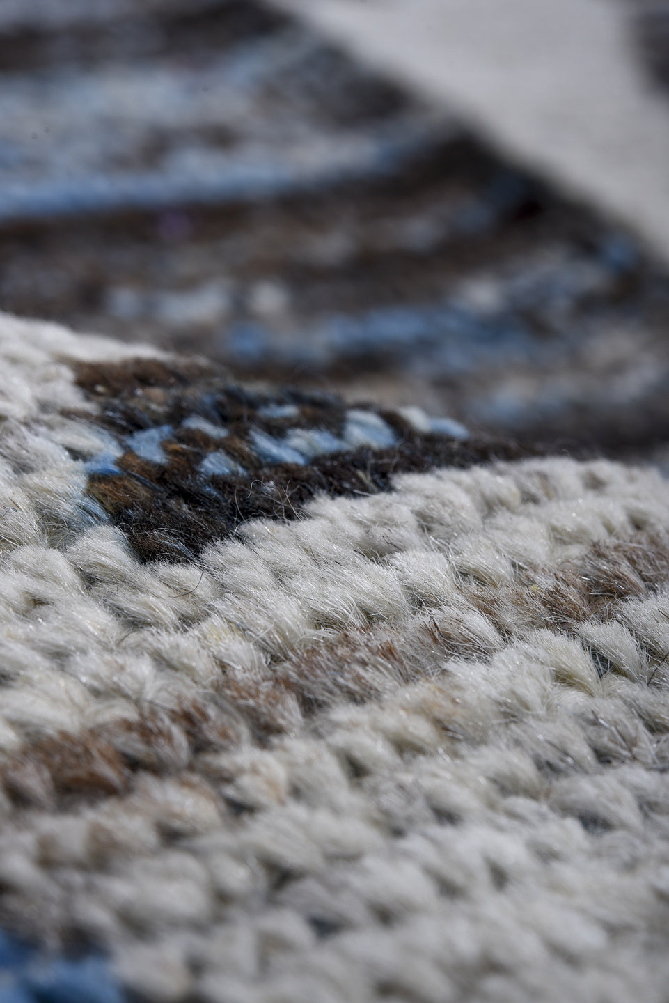 13' x 16' one-of-a-kind handmade vintage Tulu oversize rug. Color palette: black, blue, brown, charcoal, dim gray, gray