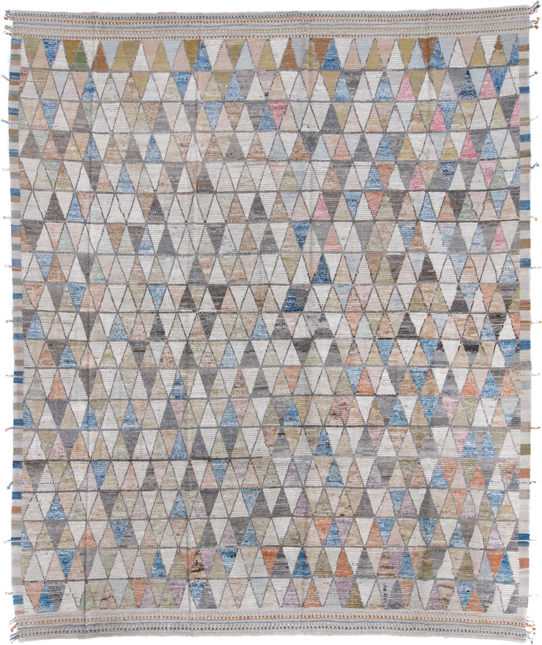 13' x 16' one-of-a-kind handmade vintage Tulu oversize rug. Color palette: ivory, gray, sky_blue, sand, taupe, blush, sage