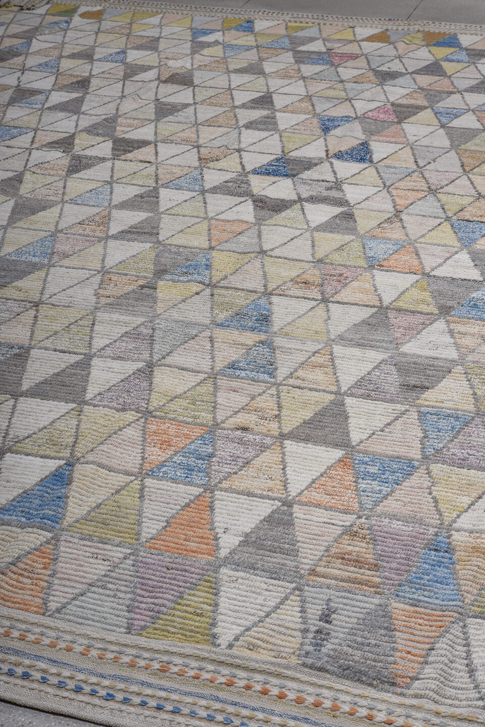 13' x 16' one-of-a-kind handmade vintage Tulu oversize rug. Color palette: ivory, gray, sky_blue, sand, taupe, blush, sage