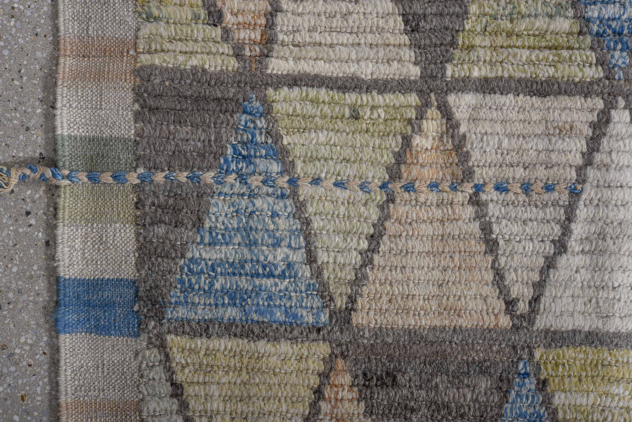 13' x 16' one-of-a-kind handmade vintage Tulu oversize rug. Color palette: ivory, gray, sky_blue, sand, taupe, blush, sage