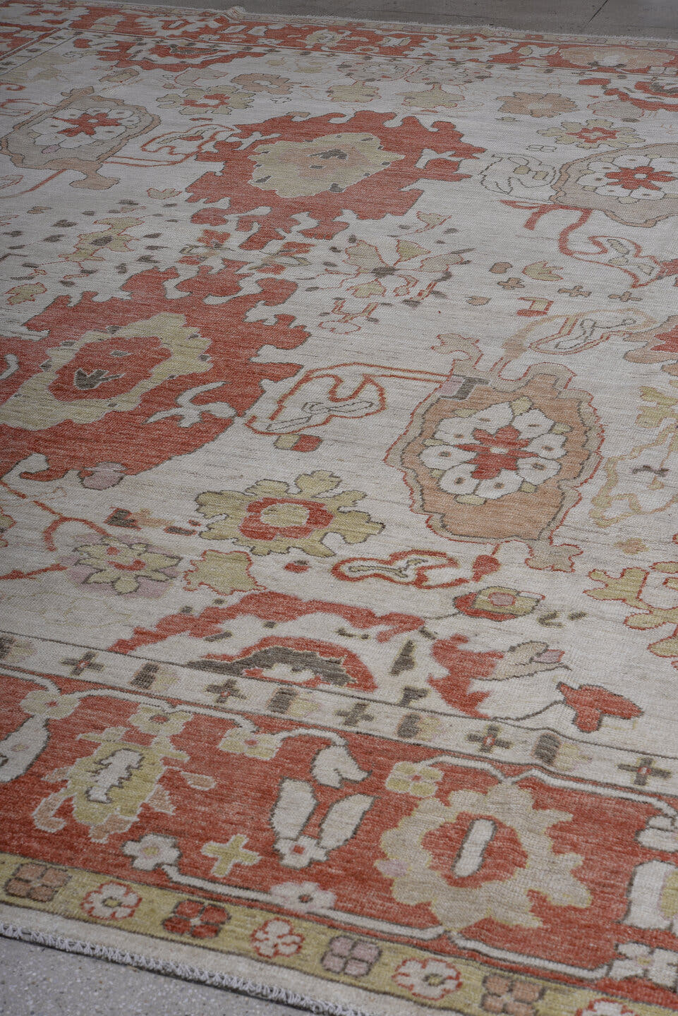 12' x 15' one-of-a-kind handmade vintage Oushak oversize rug. Color palette: ivory, rust, taupe, sage, blush, camel