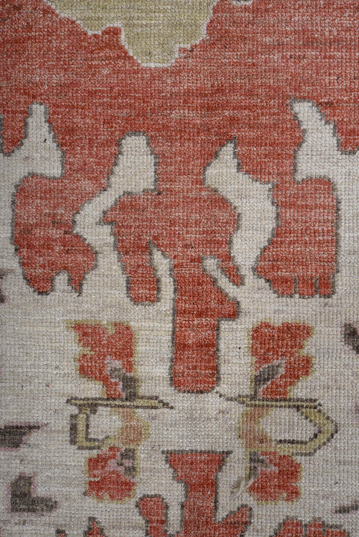 12' x 15' one-of-a-kind handmade vintage Oushak oversize rug. Color palette: ivory, rust, taupe, sage, blush, camel