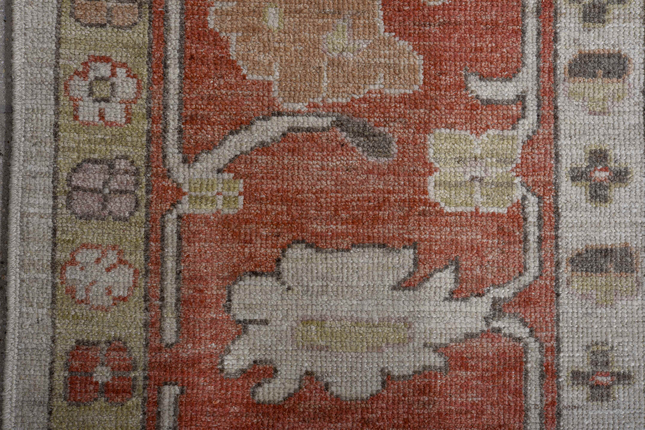 12' x 15' one-of-a-kind handmade vintage Oushak oversize rug. Color palette: ivory, rust, taupe, sage, blush, camel