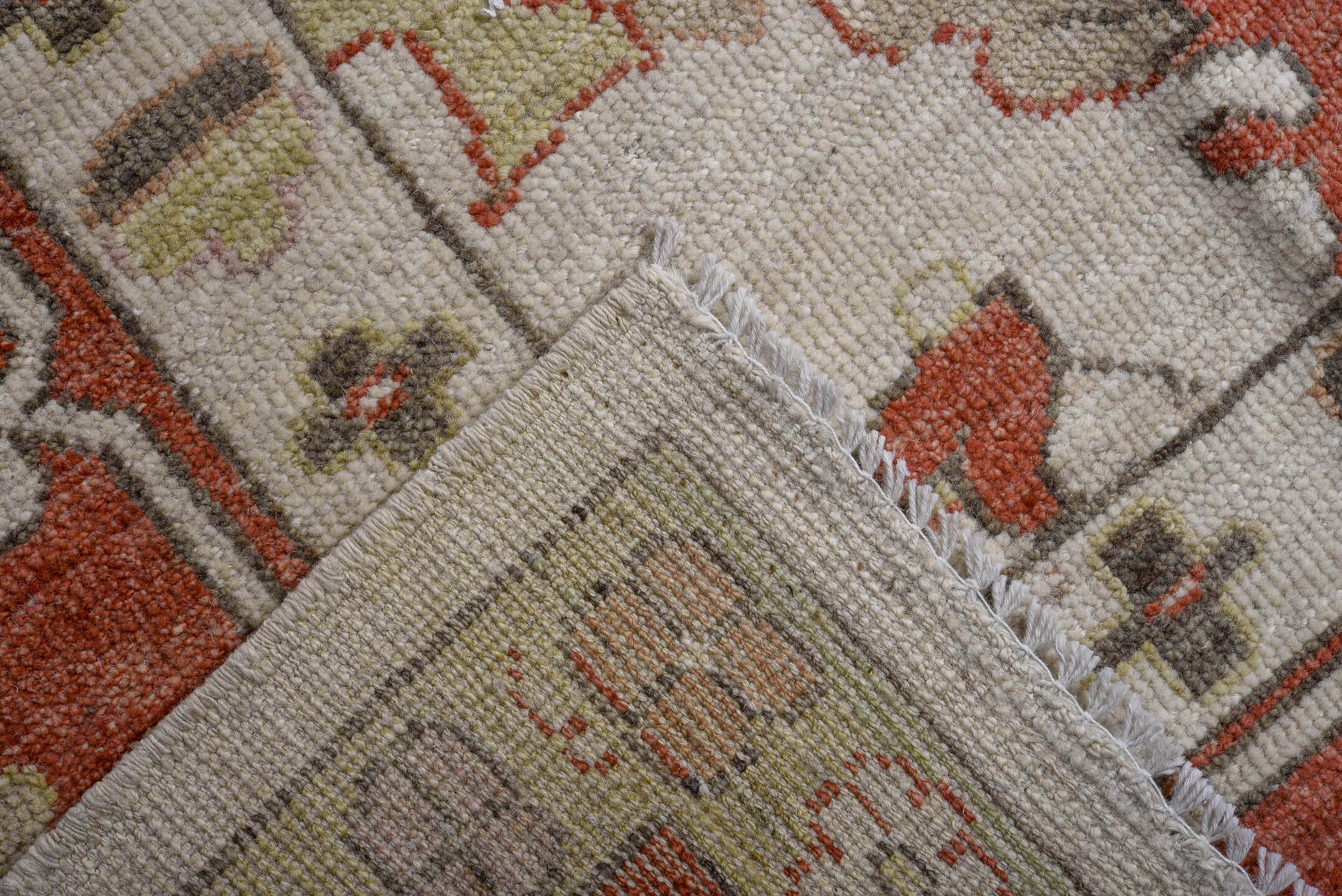 12' x 15' one-of-a-kind handmade vintage Oushak oversize rug. Color palette: ivory, rust, taupe, sage, blush, camel