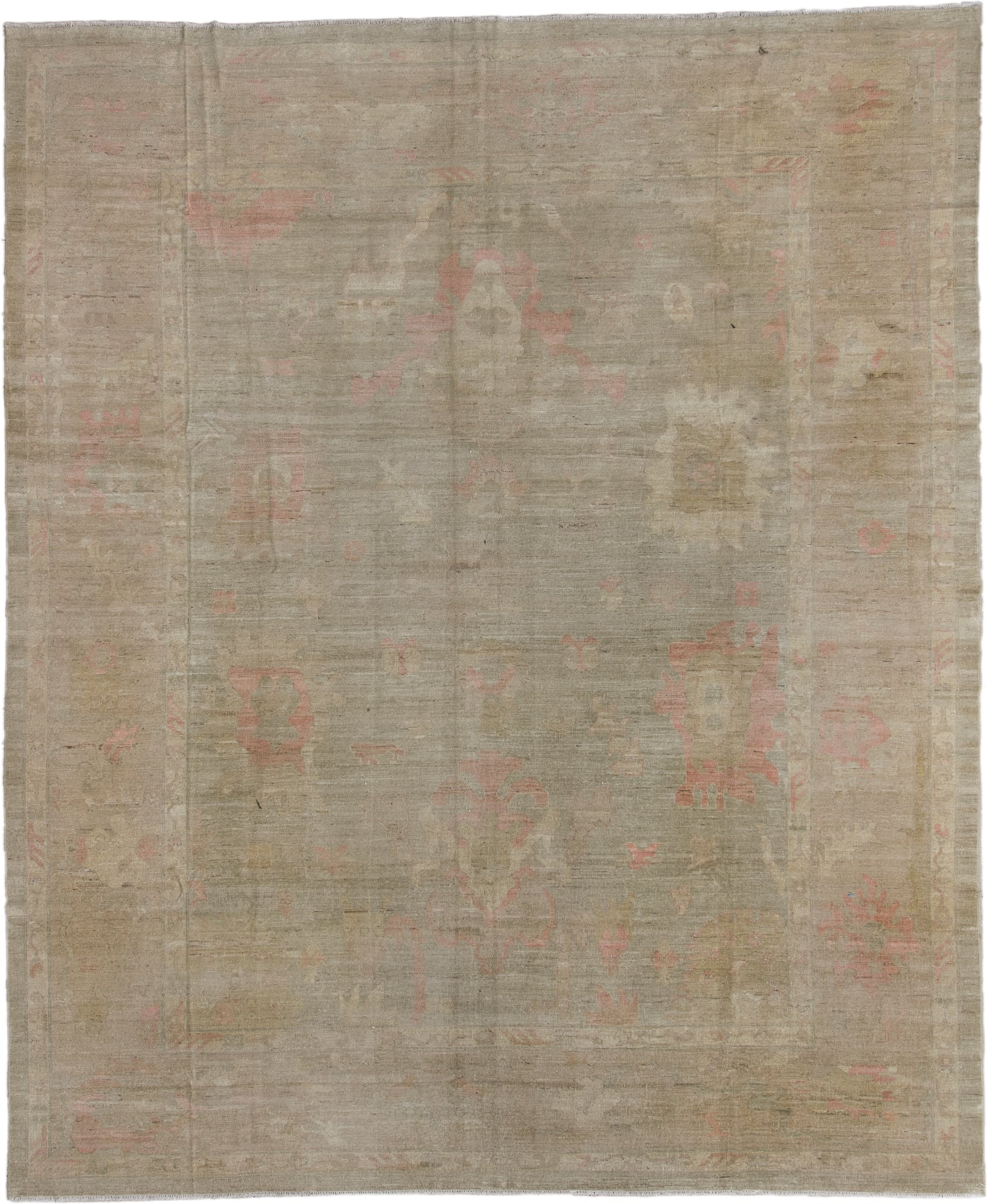 12' x 14' one-of-a-kind handmade vintage Oushak oversize rug. Color palette: taupe, beige, ivory, blush, sage, camel, gray