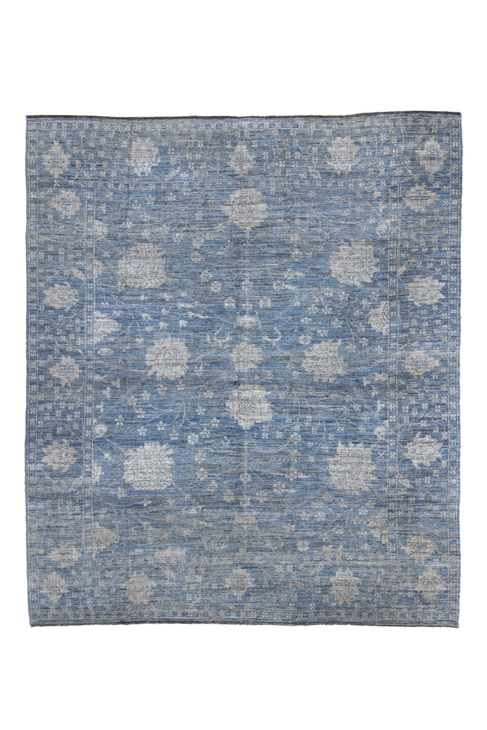 12' x 14' one-of-a-kind handmade vintage Oushak oversize rug. Color palette: black, blue, charcoal, dark gray, dim gray