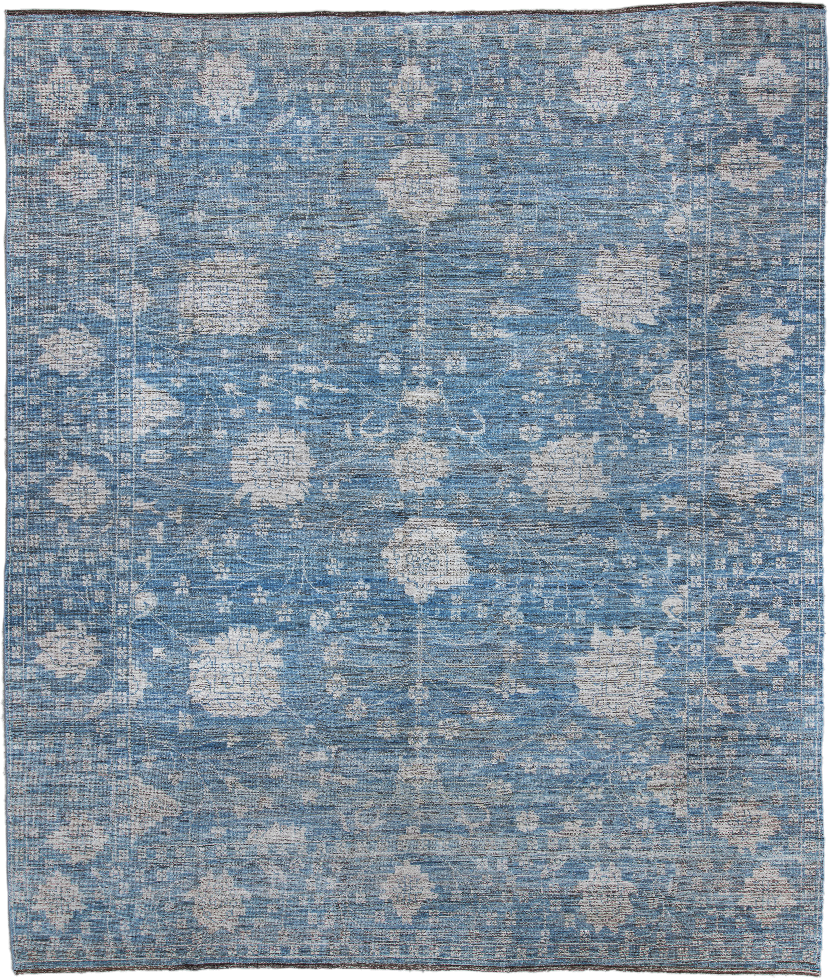 12' x 14' one-of-a-kind handmade vintage Oushak oversize rug. Color palette: blue, ivory, slate, taupe, gray, beige
