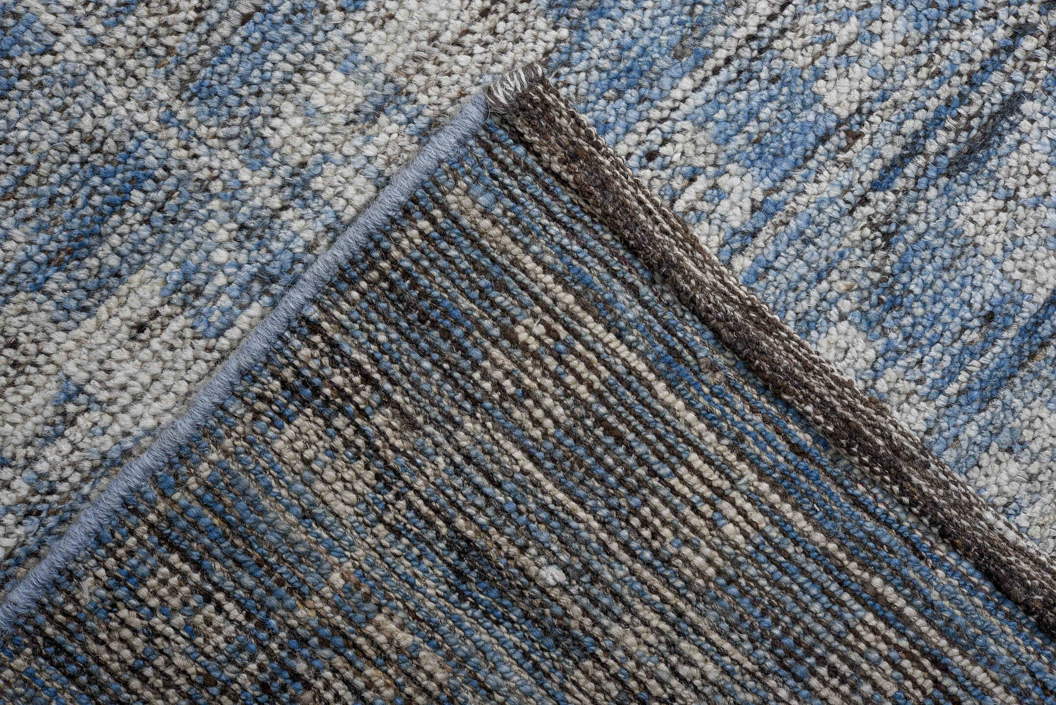 12' x 14' one-of-a-kind handmade vintage Oushak oversize rug. Color palette: blue, ivory, slate, taupe, gray, beige