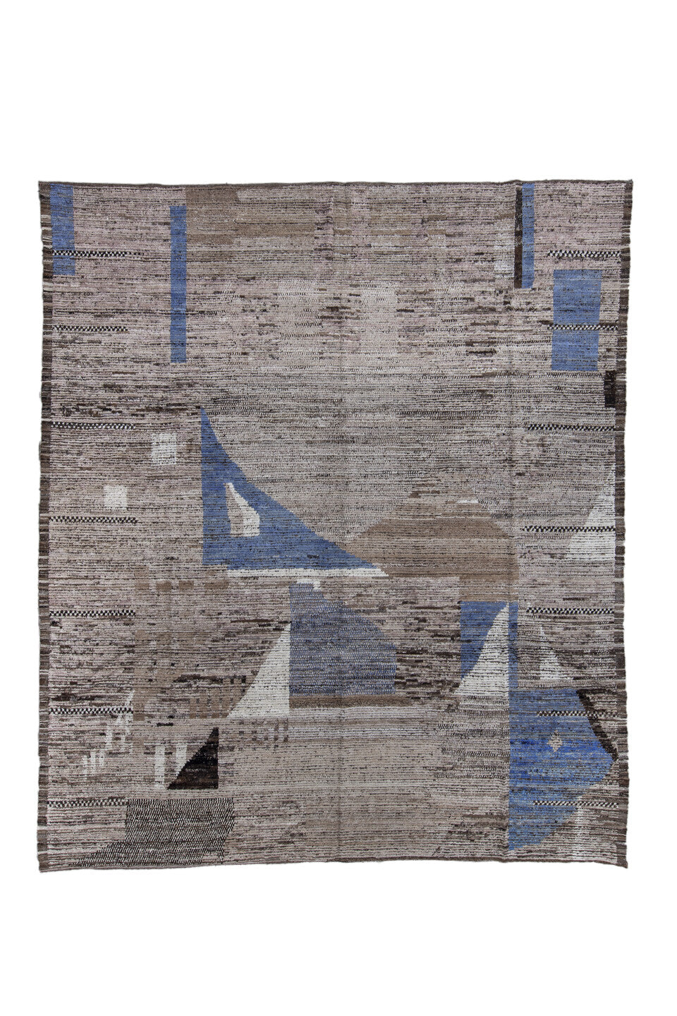 9' x 11' one-of-a-kind handmade vintage Tulu large size rug. Color palette: black, blue, charcoal, dark gray, gray