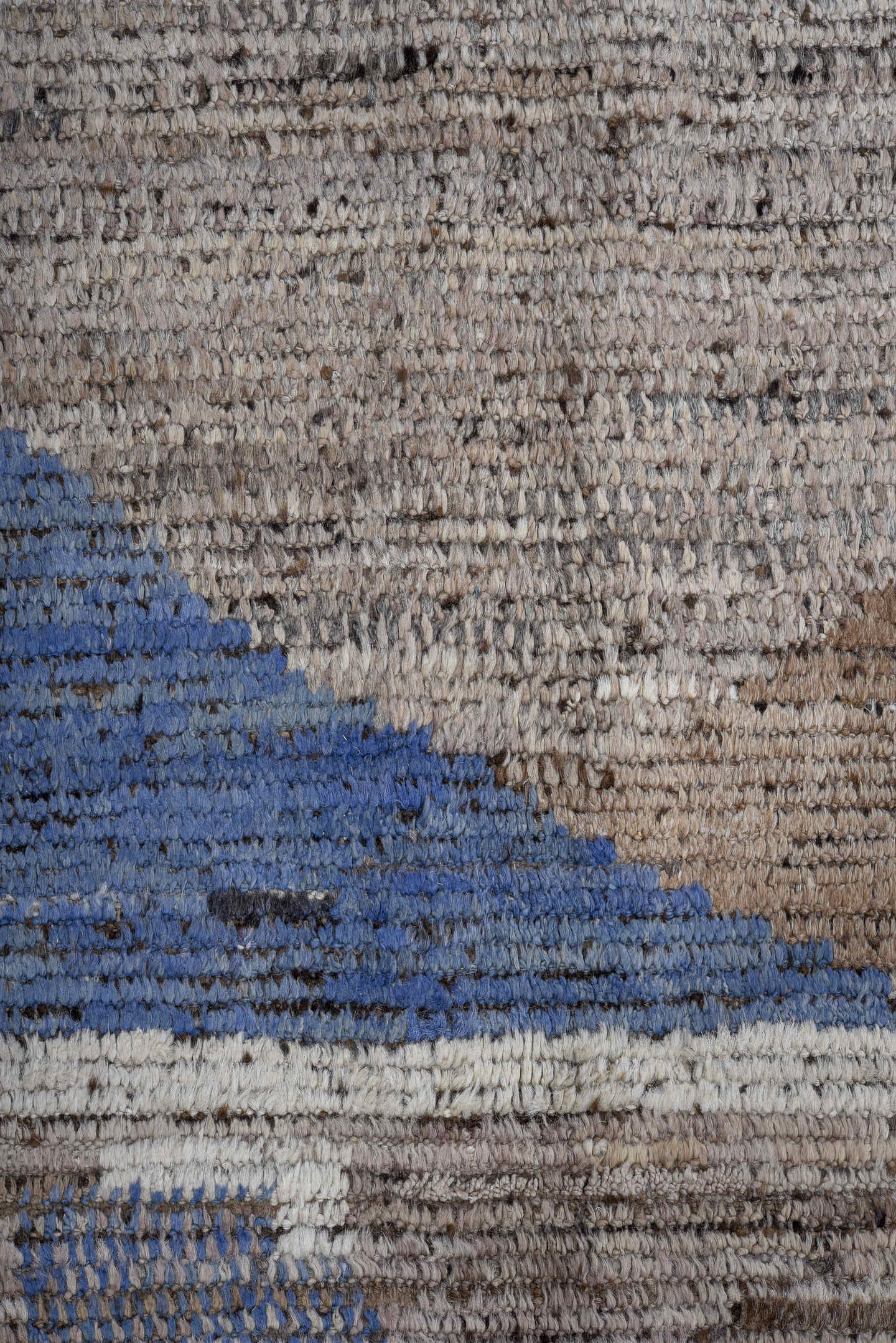 9' x 11' one-of-a-kind handmade vintage Tulu large size rug. Color palette: taupe, brown, ivory, blue, charcoal, beige, gray