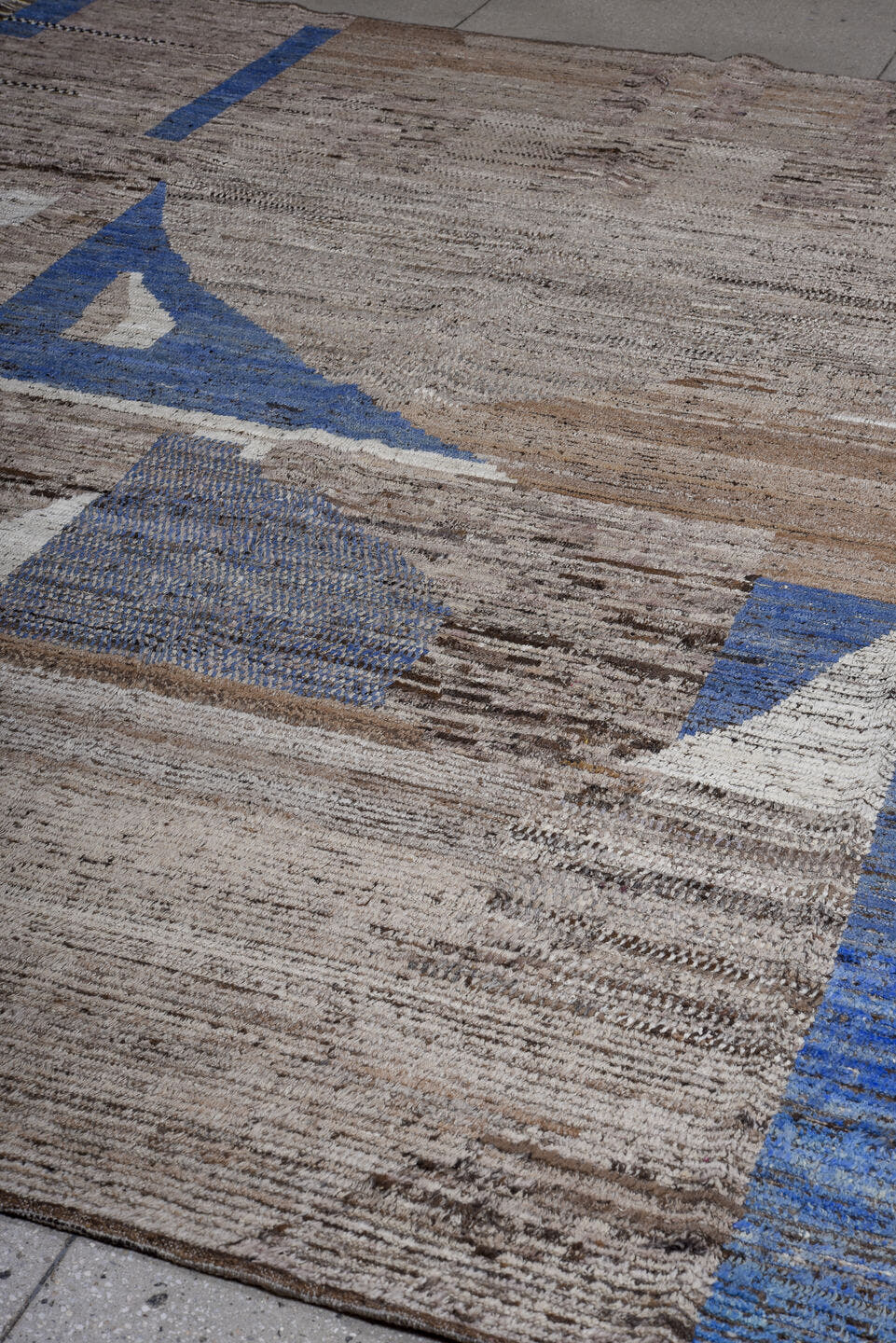 9' x 11' one-of-a-kind handmade vintage Tulu large size rug. Color palette: taupe, brown, ivory, blue, charcoal, beige, gray
