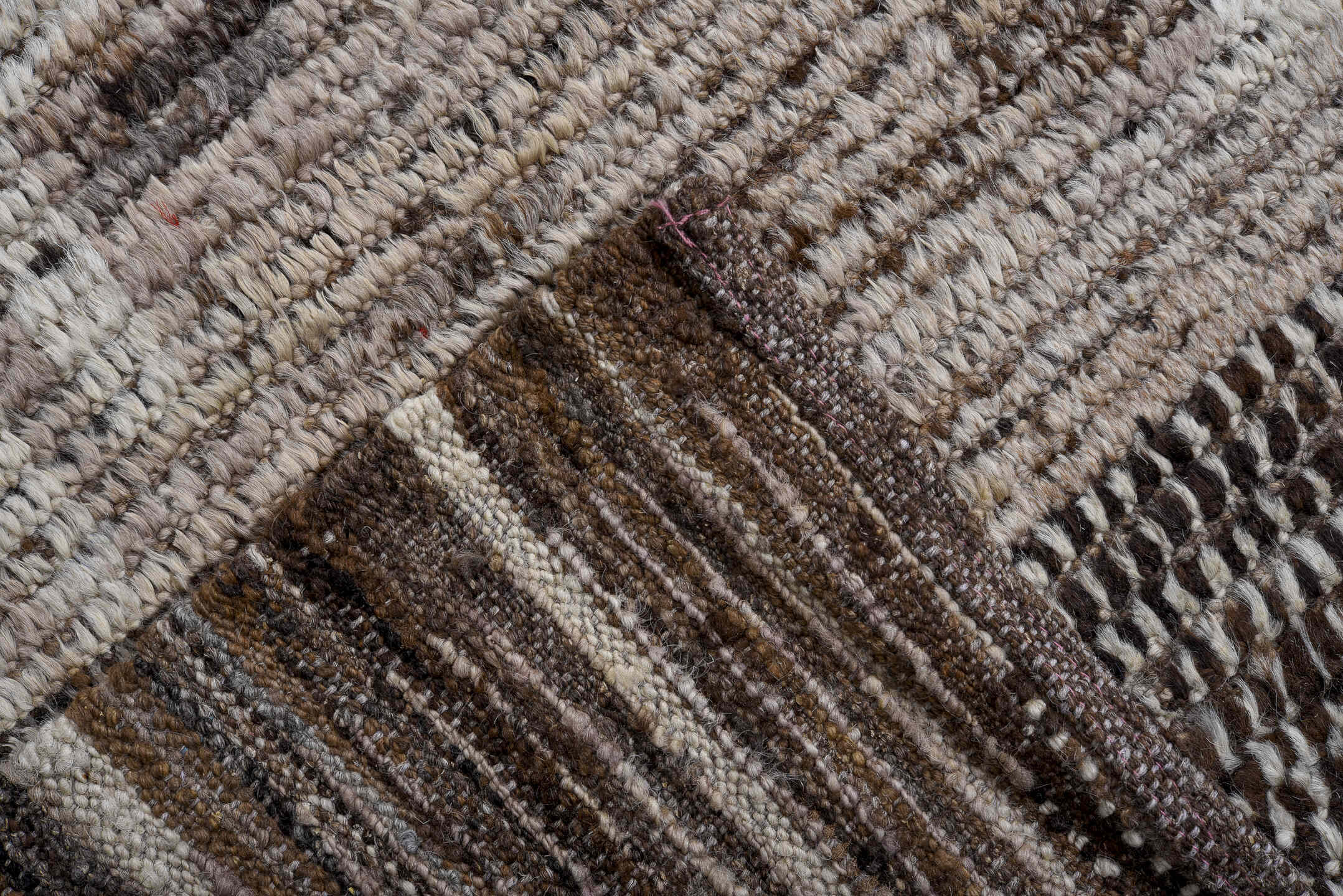 9' x 11' one-of-a-kind handmade vintage Tulu large size rug. Color palette: taupe, brown, ivory, blue, charcoal, beige, gray