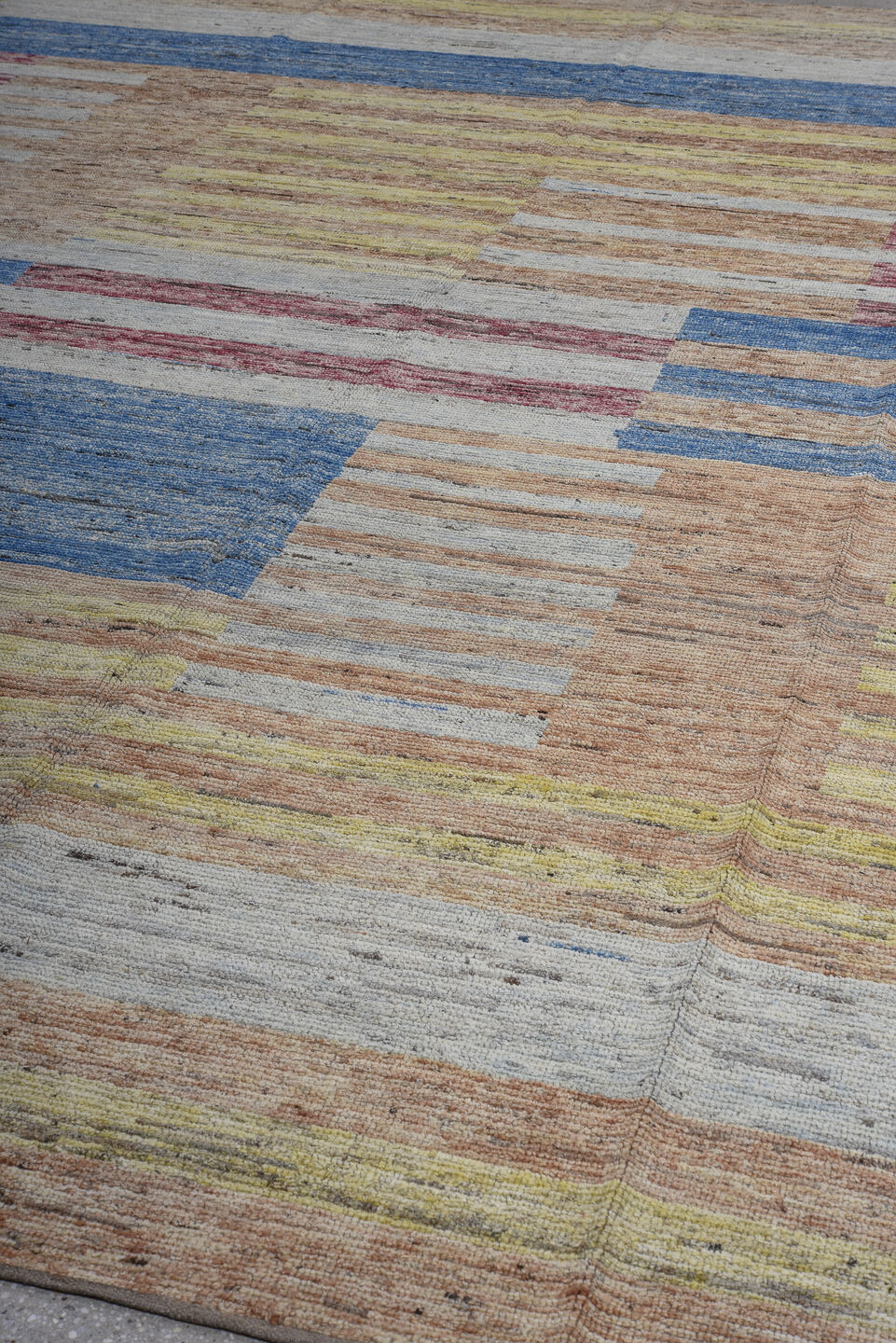 10' x 13' one-of-a-kind handmade vintage Tulu large size rug. Color palette: camel, ivory, blue, rose, gold, taupe, beige