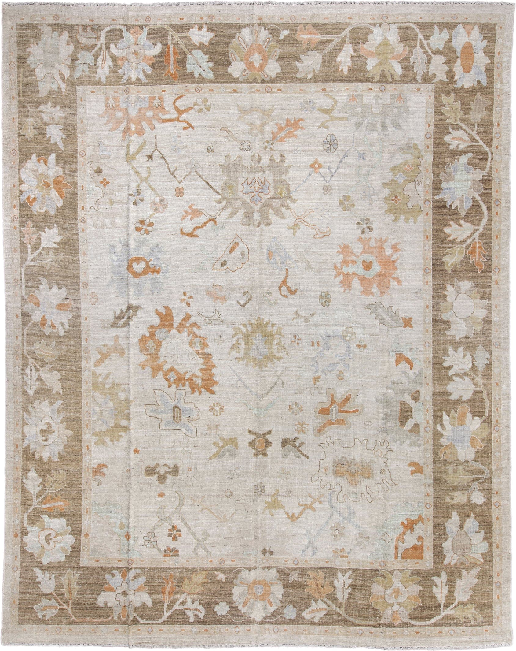 11' x 14' one-of-a-kind handmade vintage Oushak oversize rug. Color palette: ivory, taupe, sage, camel, pale gold