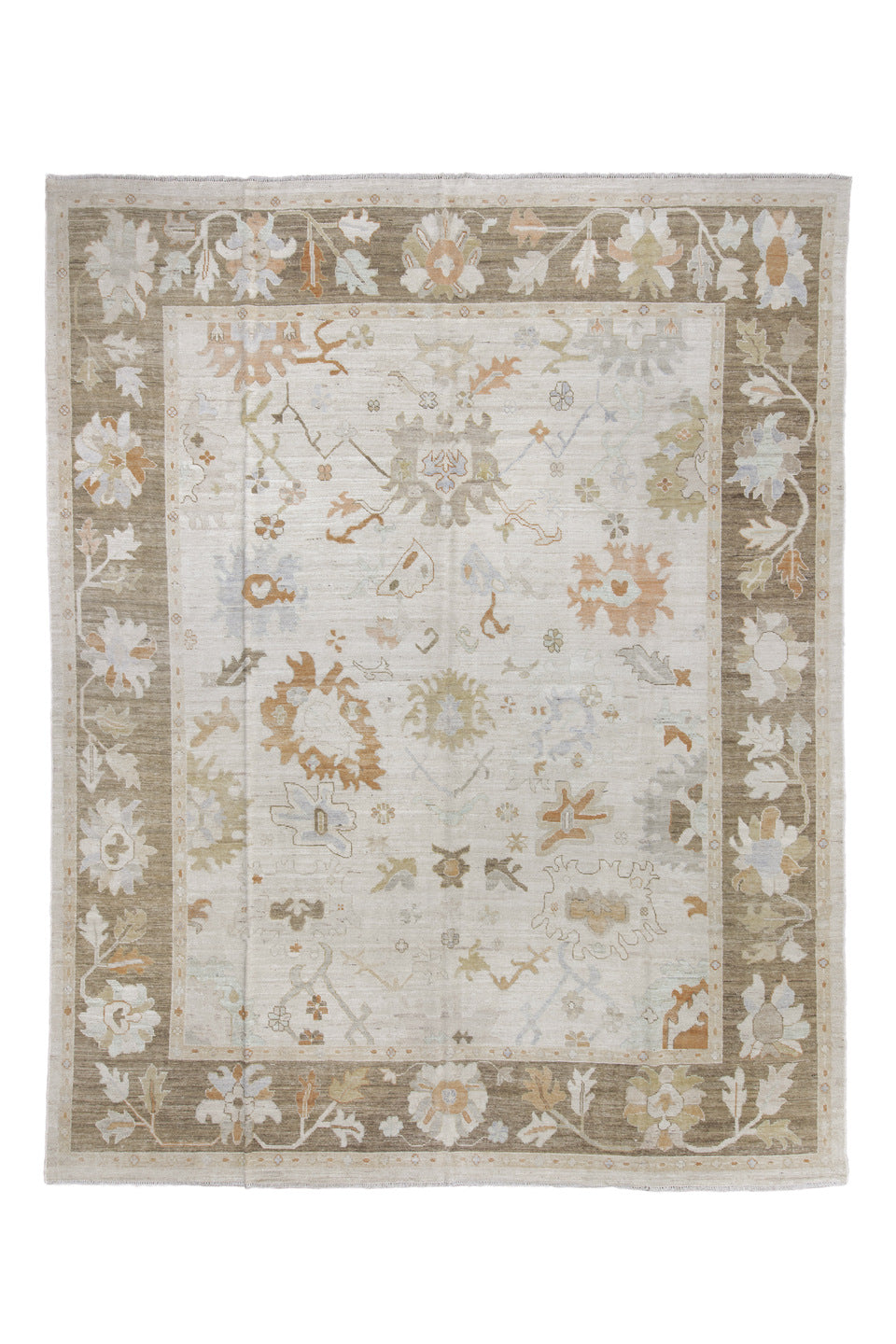 11' x 14' one-of-a-kind handmade vintage Oushak oversize rug. Color palette: brown, dark gray, gainsboro, gray, light gray