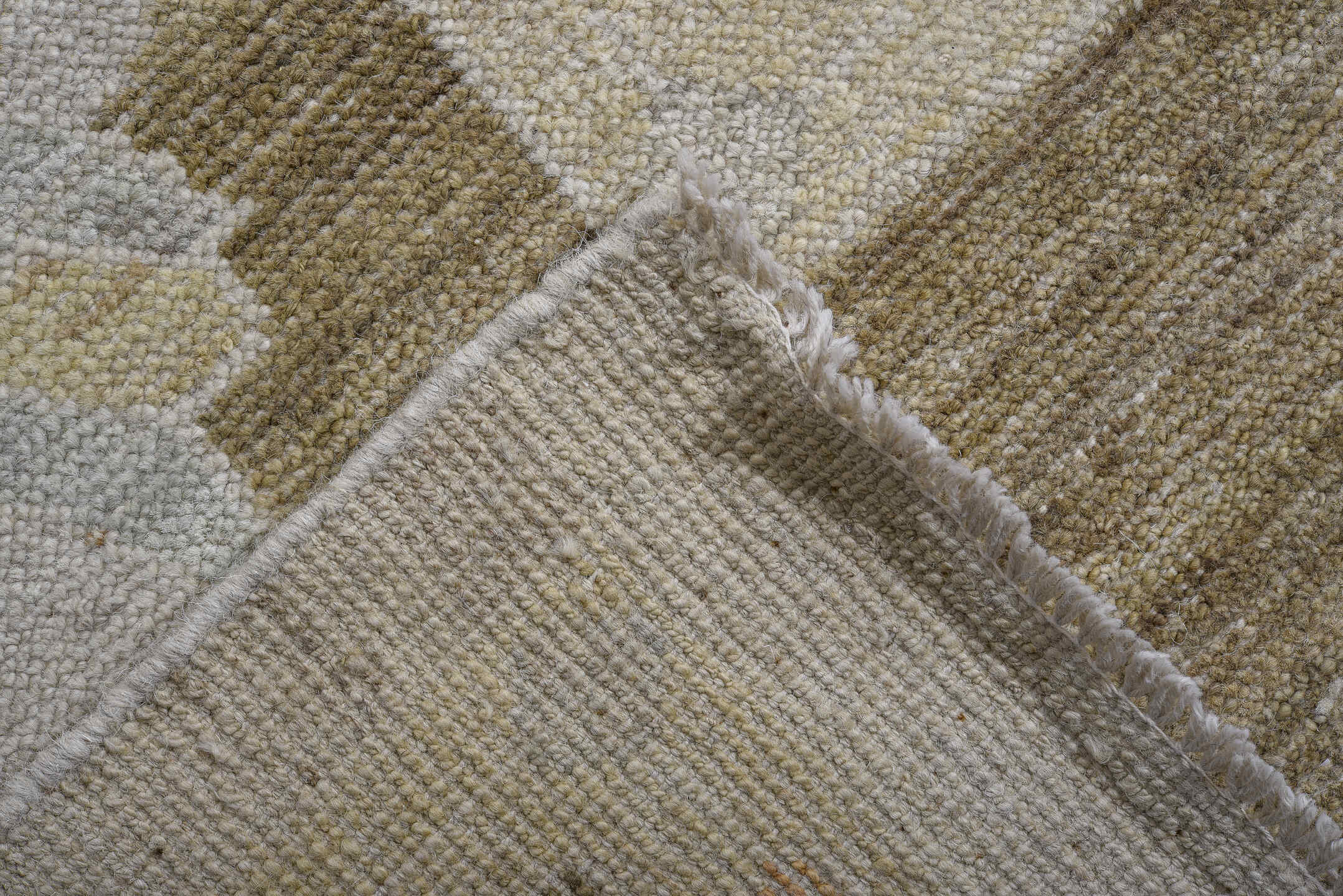 11' x 14' one-of-a-kind handmade vintage Oushak oversize rug. Color palette: ivory, taupe, sage, camel, pale gold