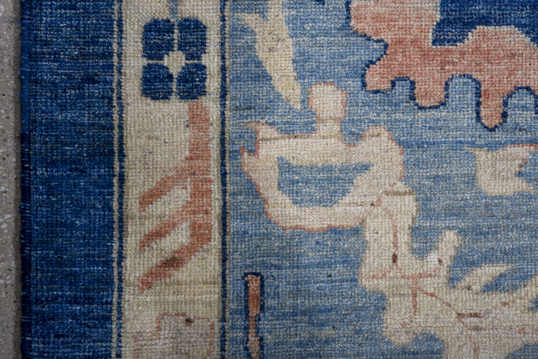 13' x 19' one-of-a-kind handmade vintage Oushak oversize rug. Color palette: navy, sky blue, ivory, blush, cream, beige