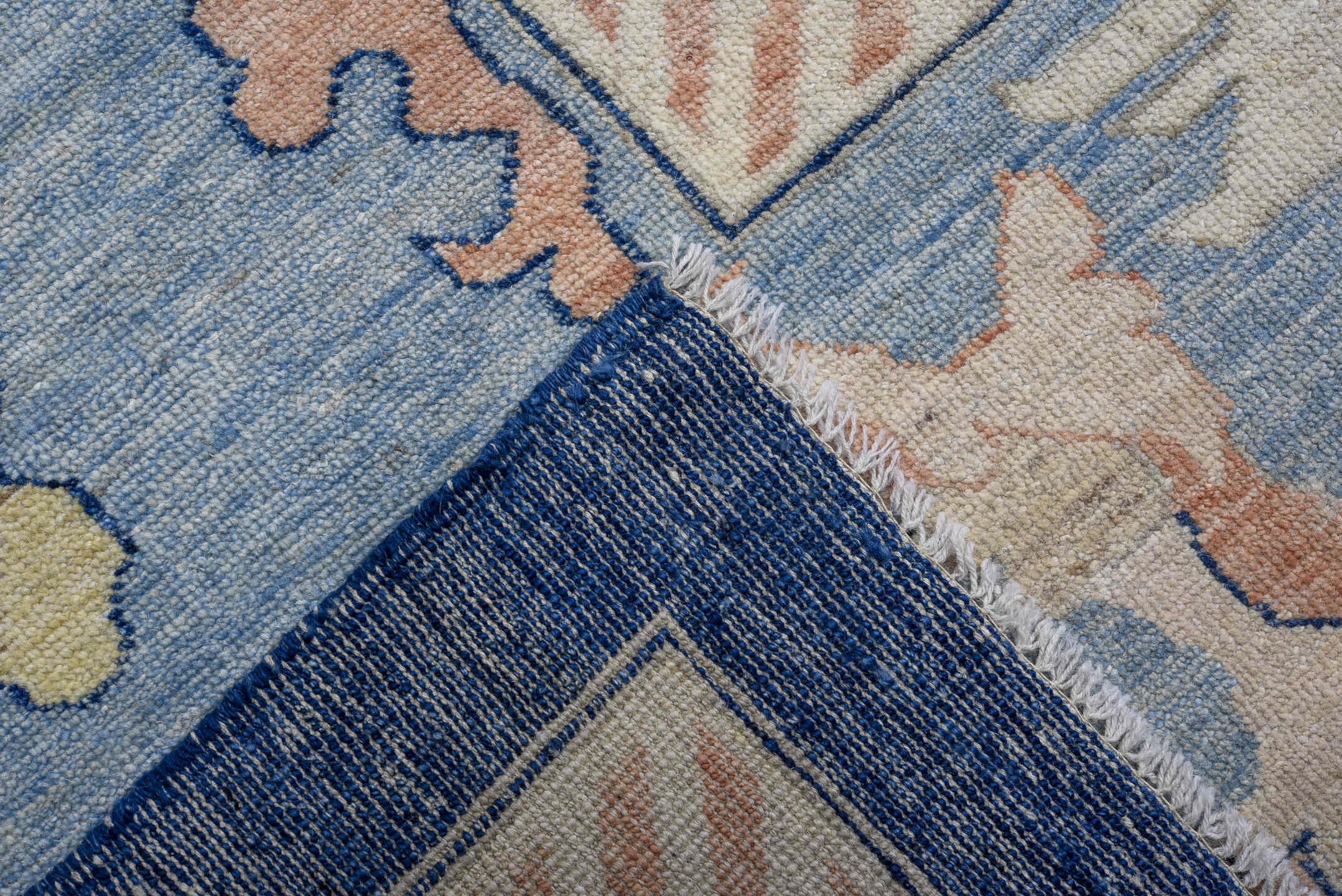 13' x 19' one-of-a-kind handmade vintage Oushak oversize rug. Color palette: navy, sky blue, ivory, blush, cream, beige