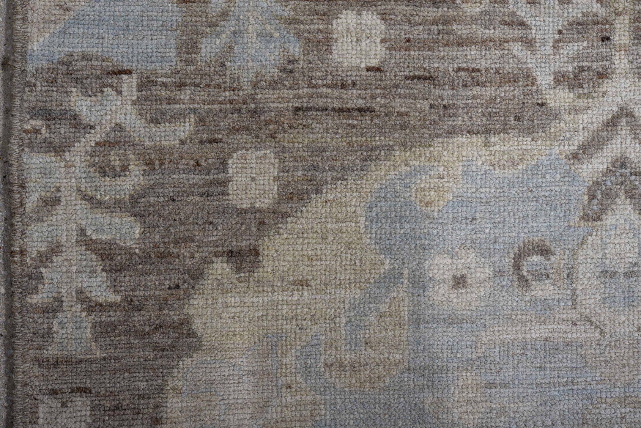 12' x 14' one-of-a-kind handmade vintage Oushak oversize rug. Color palette: taupe, ivory, pale_blue, cream, beige