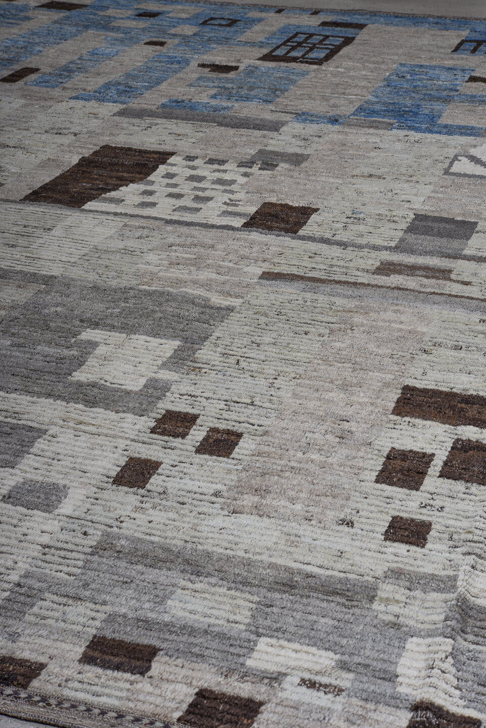 15' x 16' one-of-a-kind handmade vintage Tulu oversize rug. Color palette: gray, ivory, sky blue, charcoal, slate, taupe