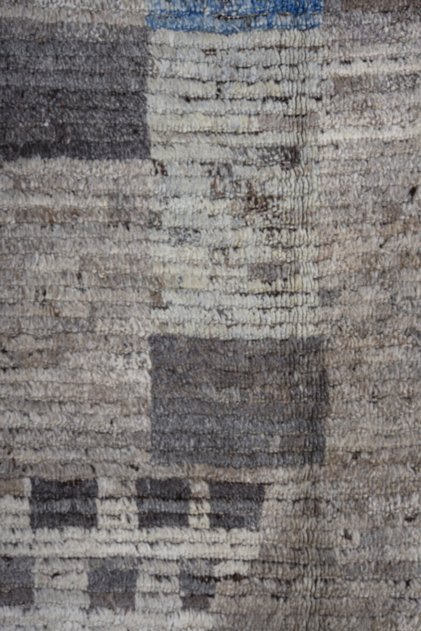 15' x 16' one-of-a-kind handmade vintage Tulu oversize rug. Color palette: gray, ivory, sky blue, charcoal, slate, taupe